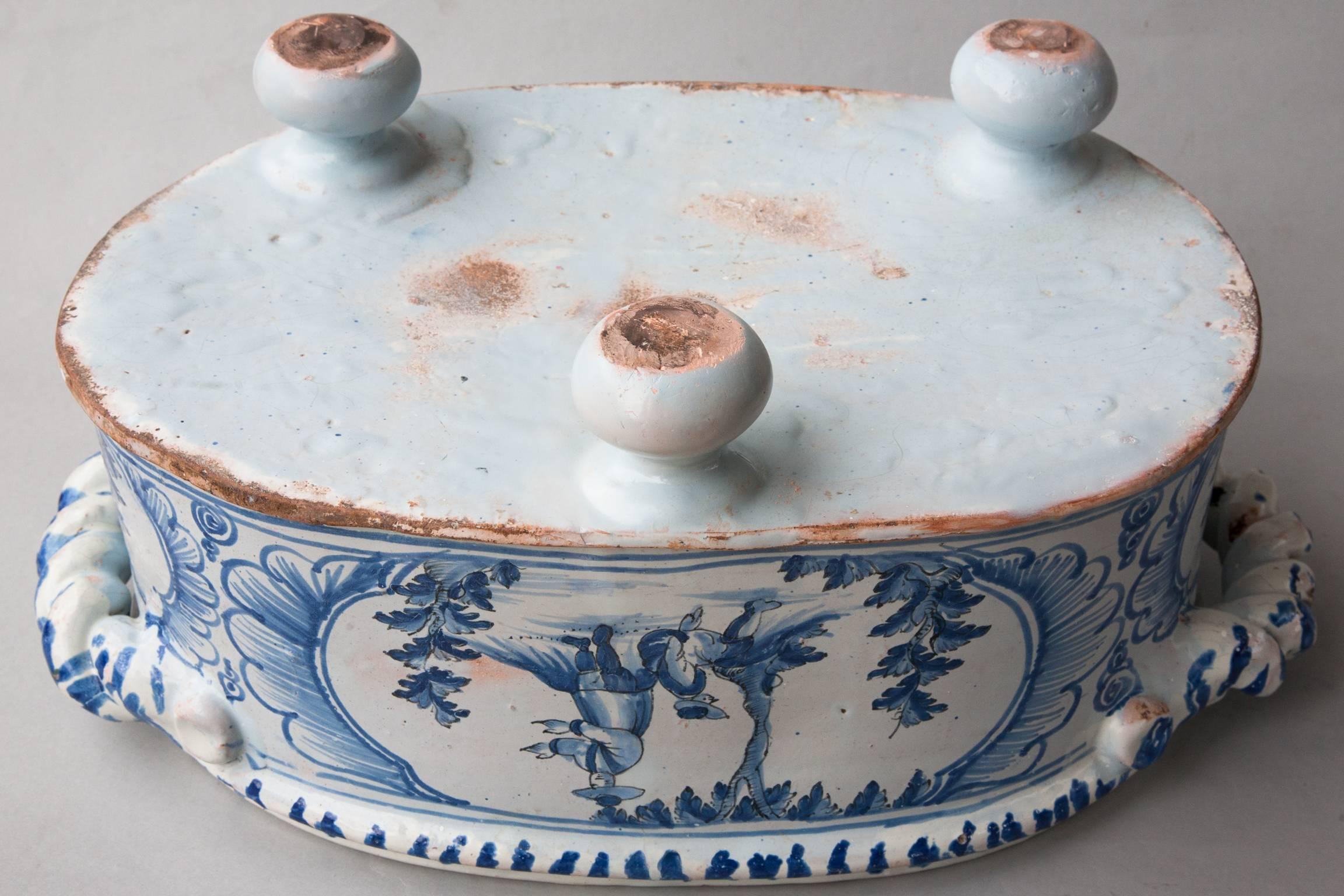 Rare Nevers Two Handled Chinoiserie Blue and White Faience Jardiniere For Sale 3