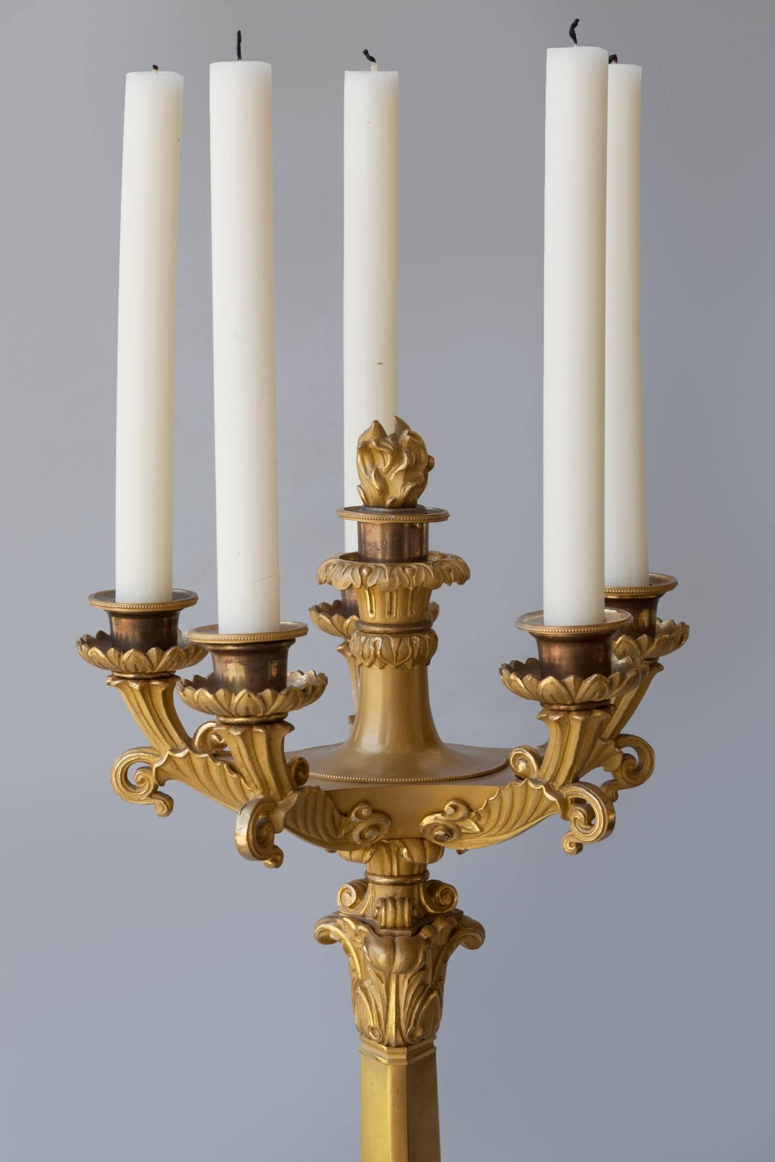 European Important Pair of Early 19th Century Six-Light Ormolu Restauration Candelabra For Sale