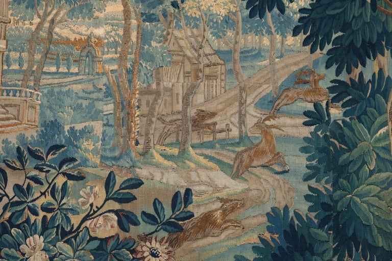 Louis XV 18th Century Aubusson Verdure Tapestry Depicting a Deer Hunt For Sale