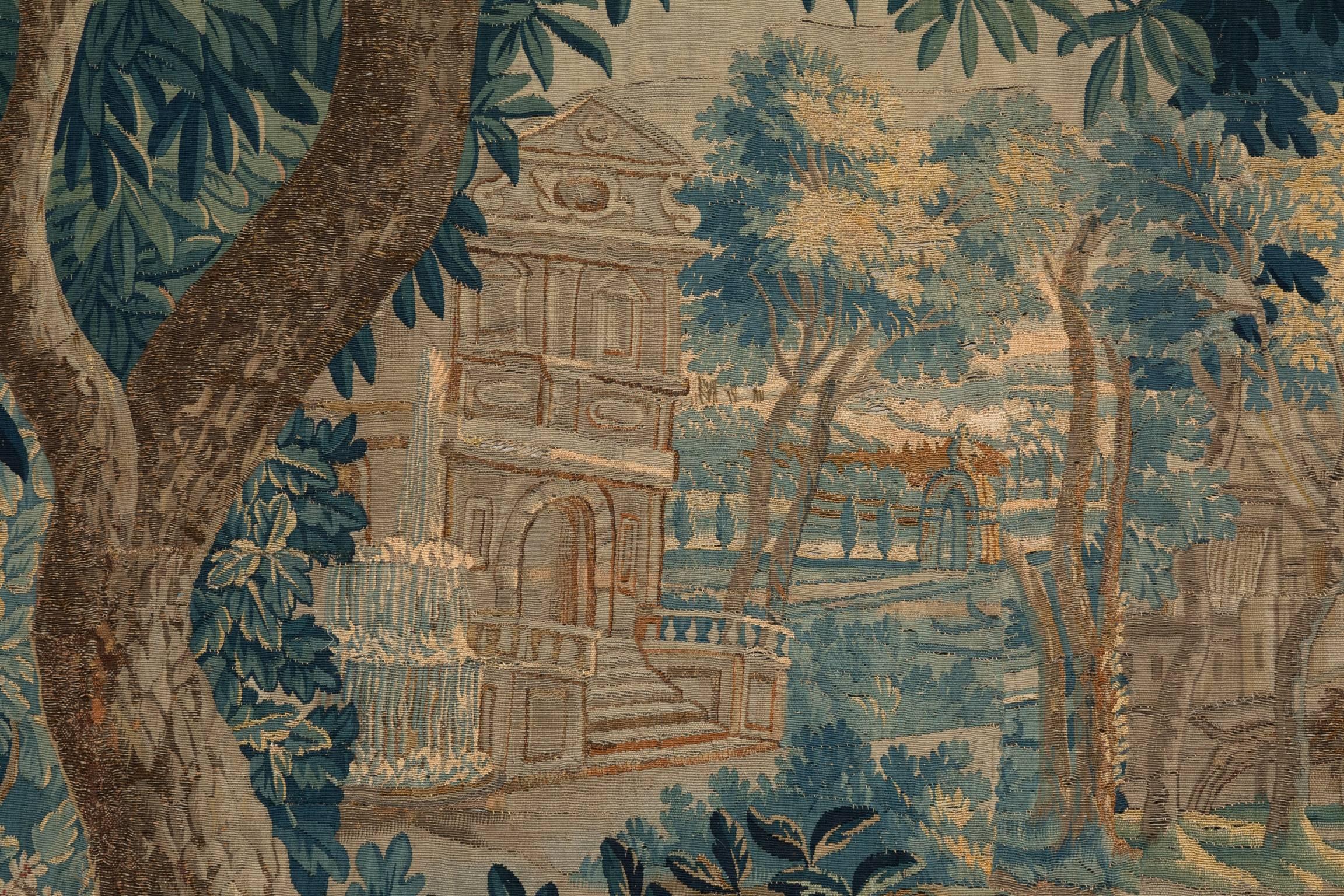 French 18th Century Aubusson Verdure Tapestry Depicting a Deer Hunt For Sale