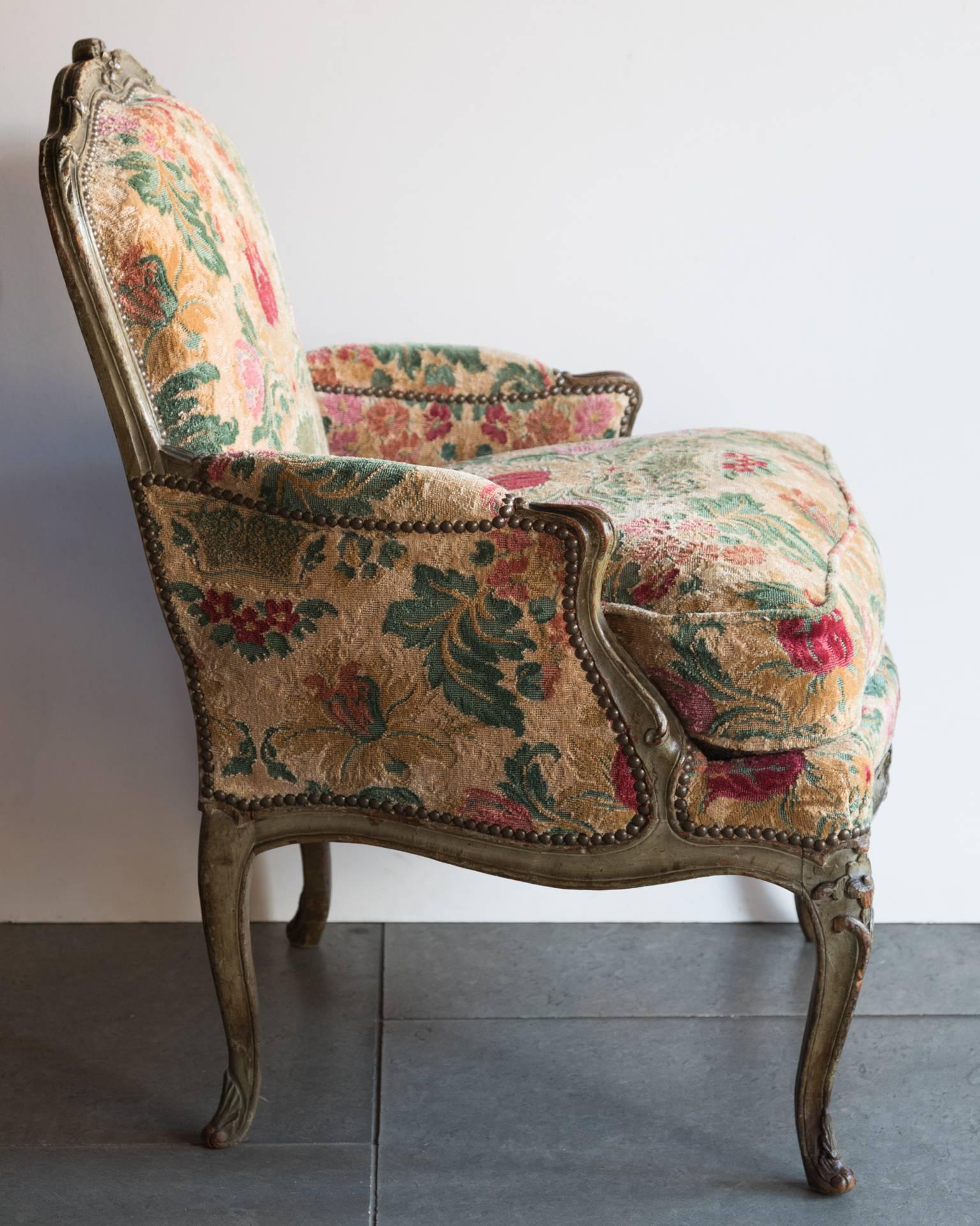 French Louis XV Carved Rococo Painted Bergére or Armchair, France, circa 1760