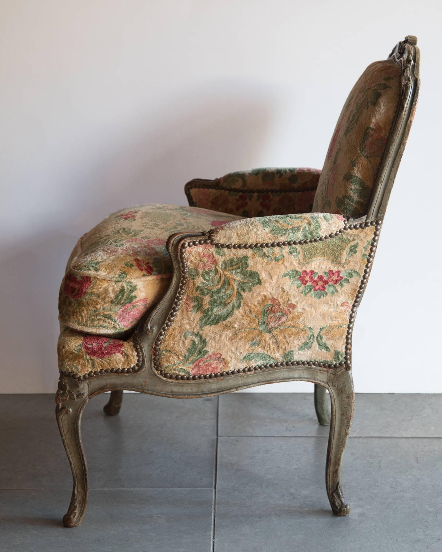 18th Century Louis XV Carved Rococo Painted Bergére or Armchair, France, circa 1760