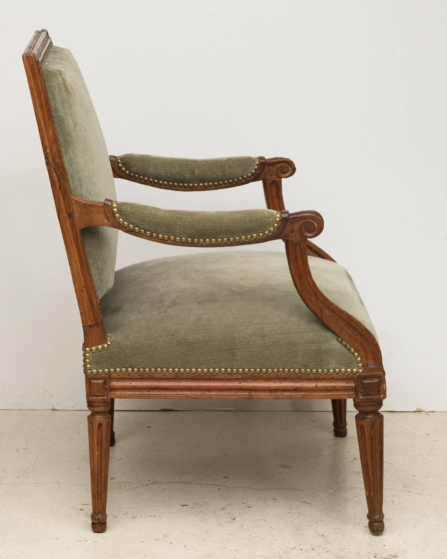 French Louis XVI Beech Fauteuil or Armchair Upholstered in Sage Green Velvet For Sale