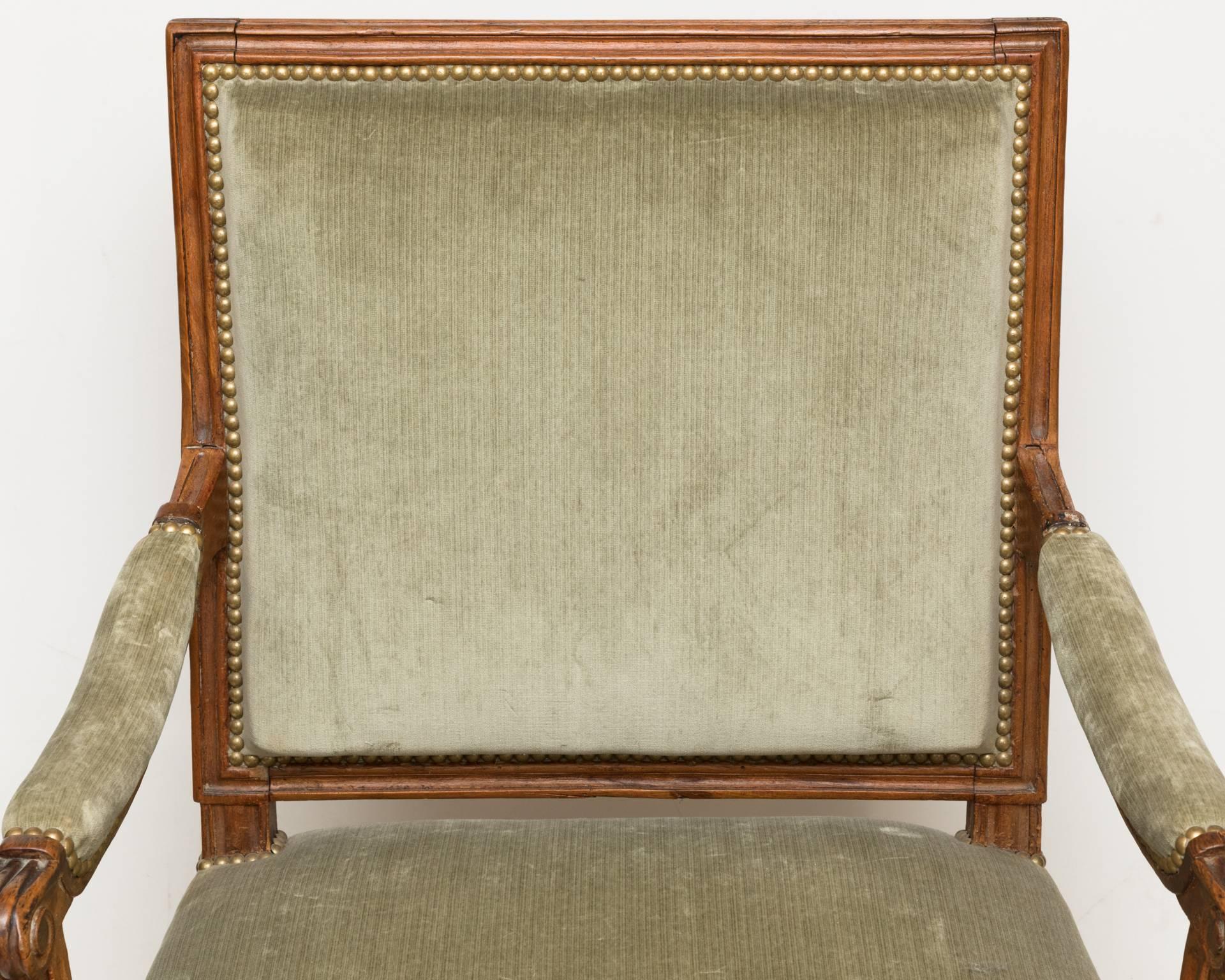 18th Century Louis XVI Beech Fauteuil or Armchair Upholstered in Sage Green Velvet For Sale