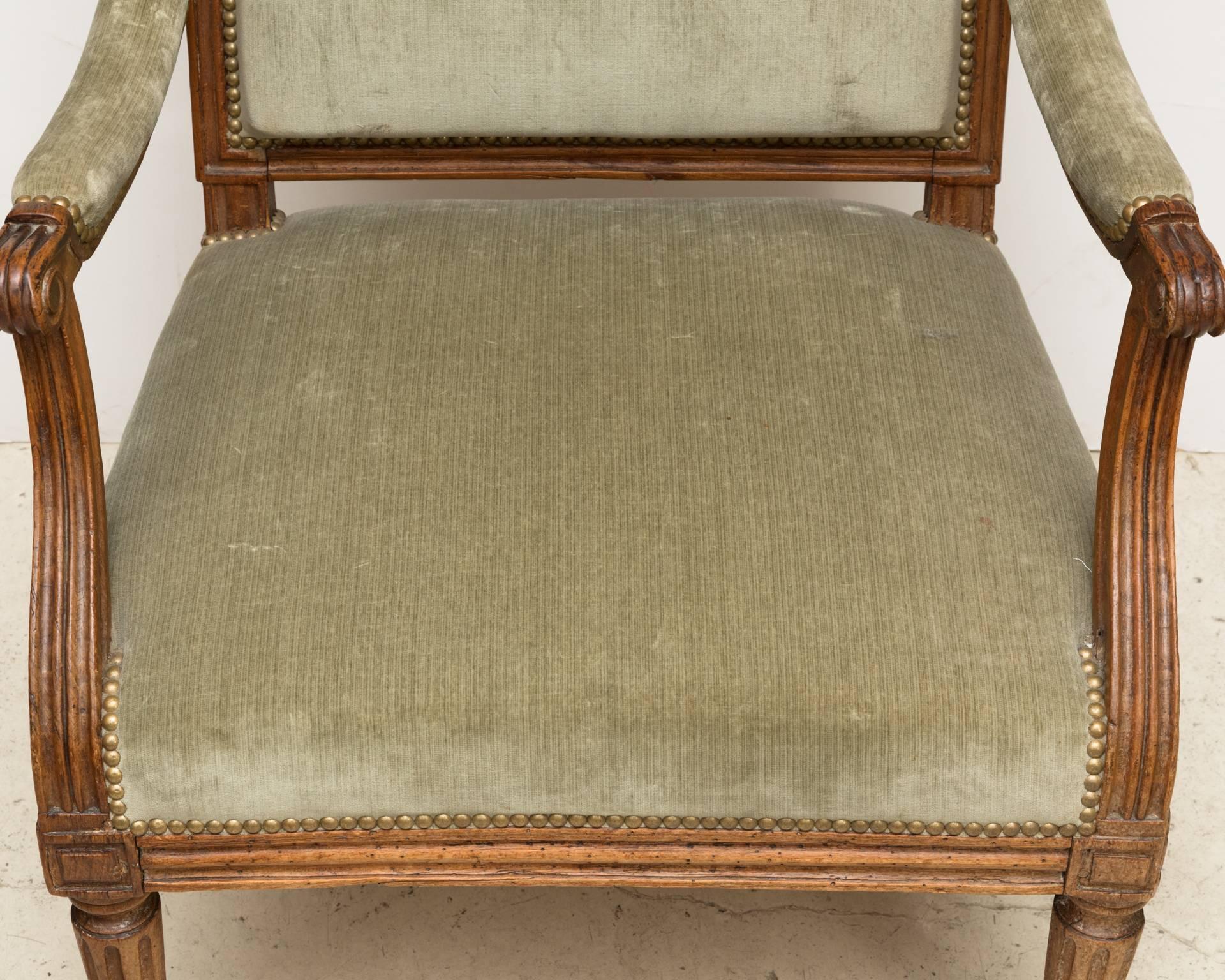 Louis XVI Beech Fauteuil or Armchair Upholstered in Sage Green Velvet For Sale 1