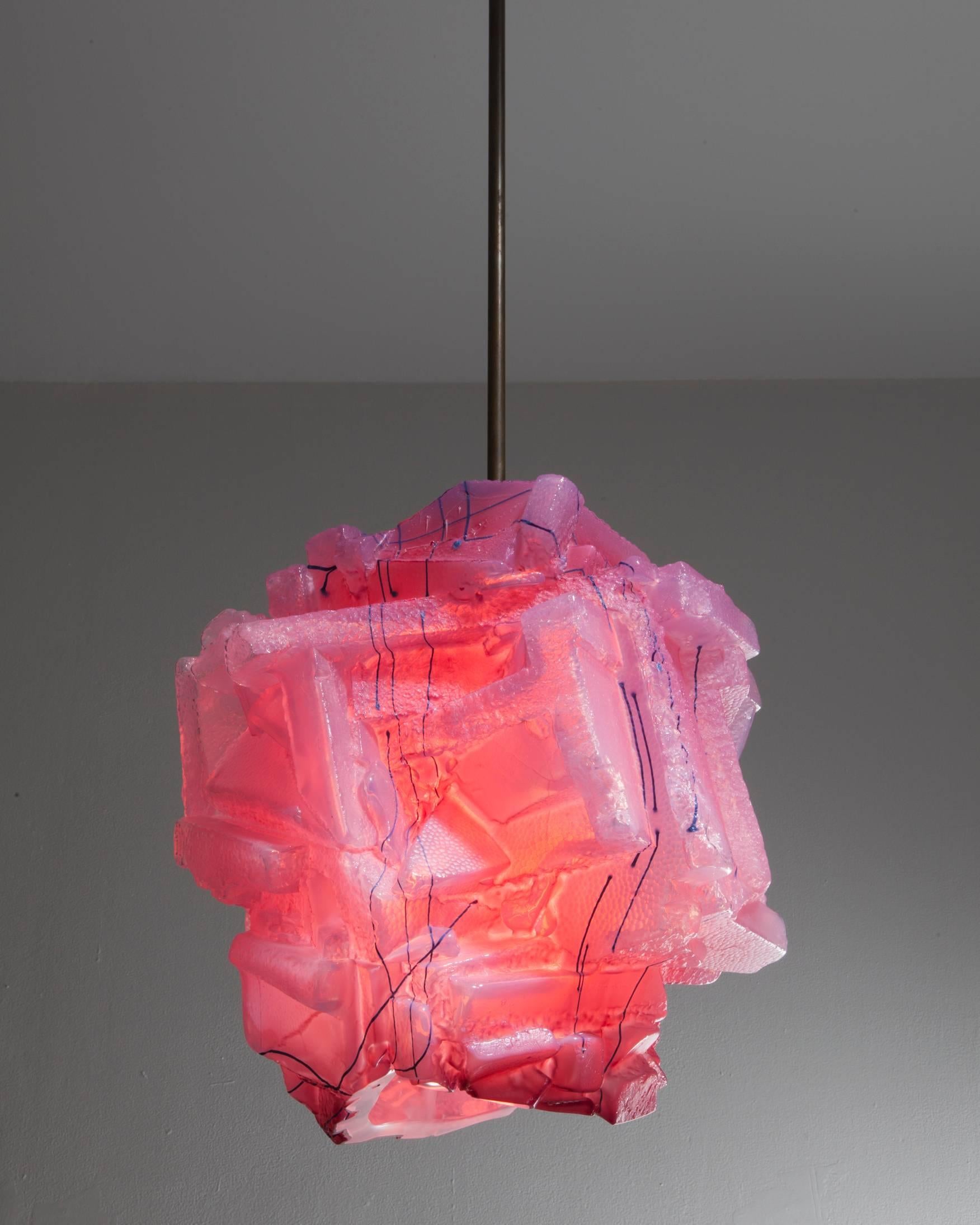 Unique Assemblage pendant lamp in hand-blown, cut and polished glass with coral-rose neon bulb. Designed and made by Thaddeus Wolfe, USA, 2015.