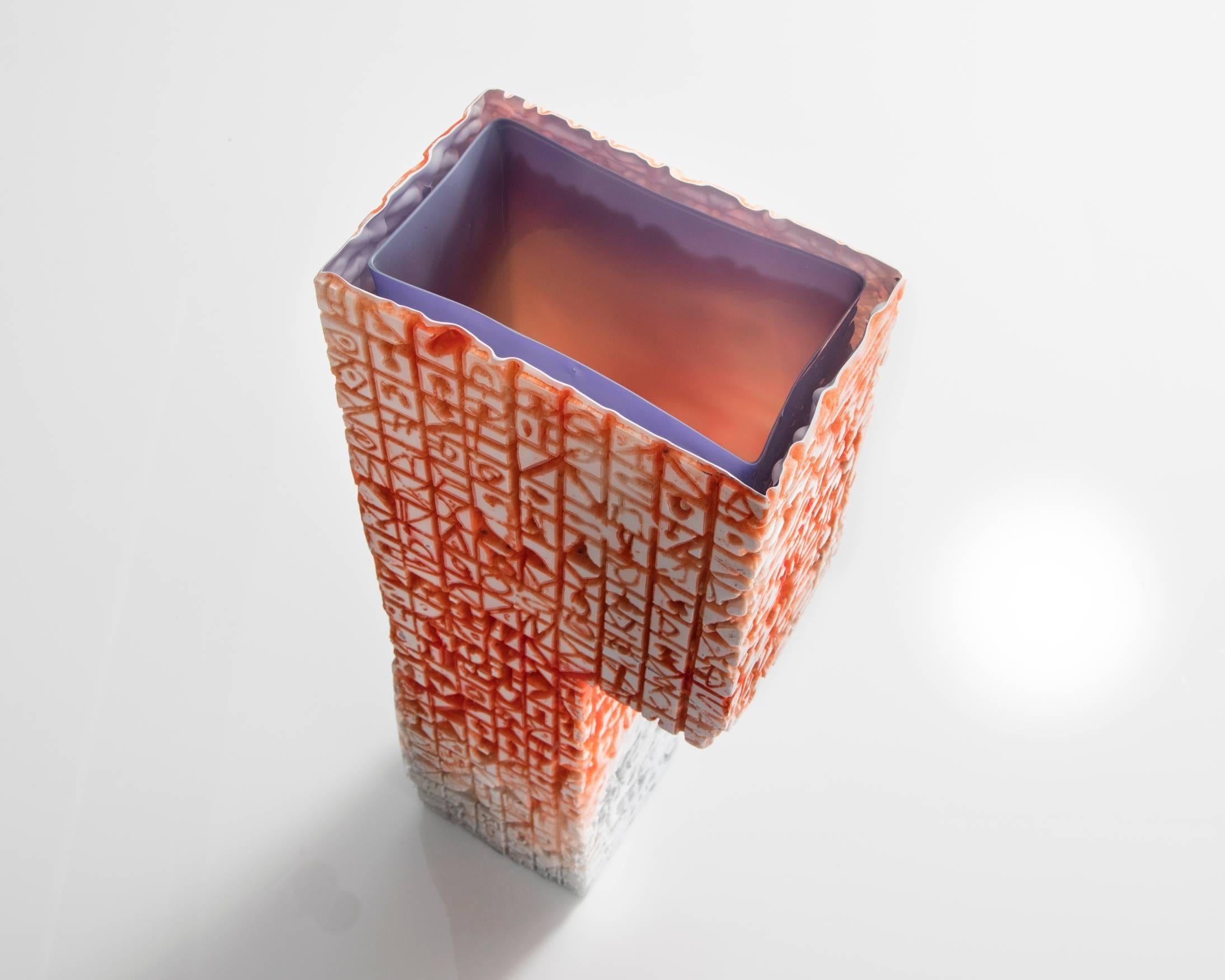 American Unique Patterned Relief Vessel in Handblown Glass by Thaddeus Wolfe, 2015