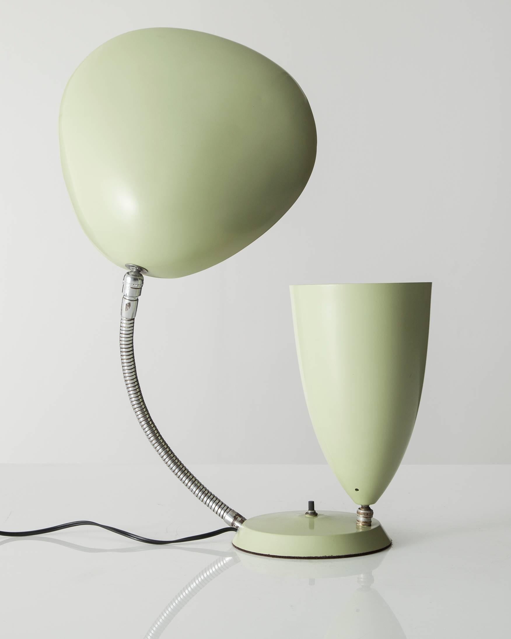 Table lamp in enameled aluminium on a chrome-plated steel base with one cone shade and one 