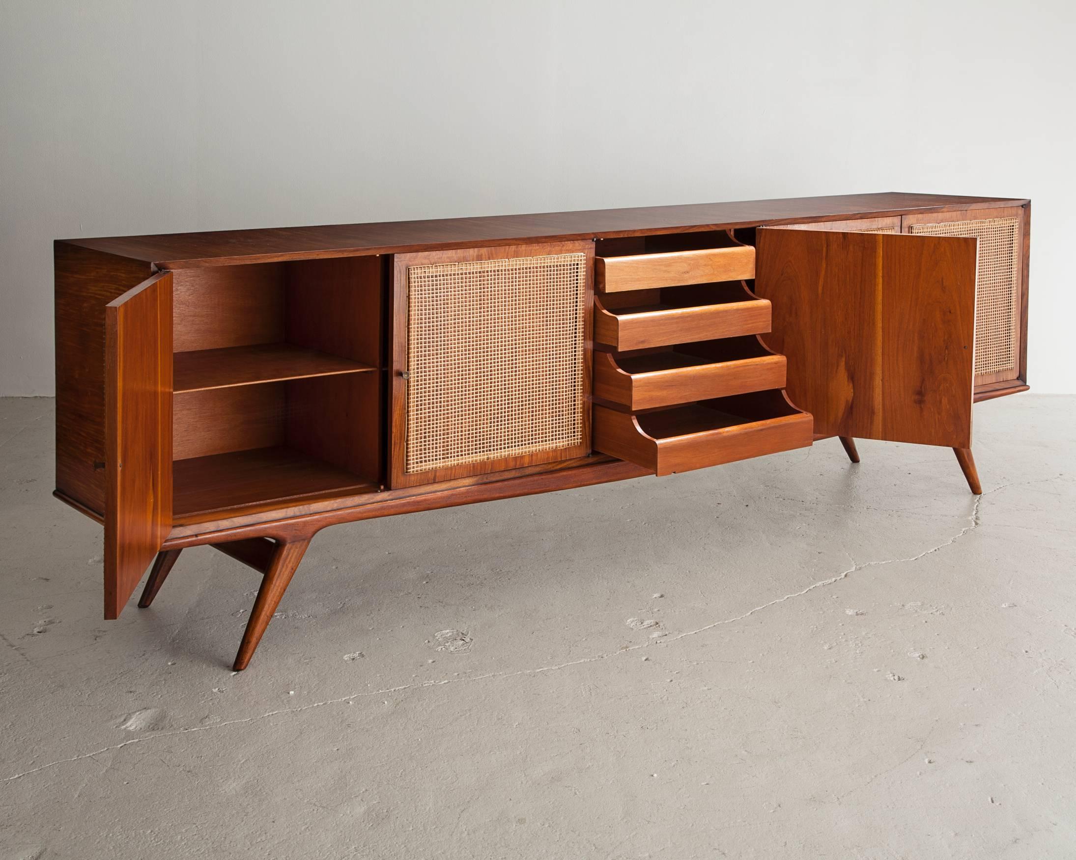 Brazilian Credenza in Caviona Wood with a Cane Front by Martin Eisler, Brazil, 1950s