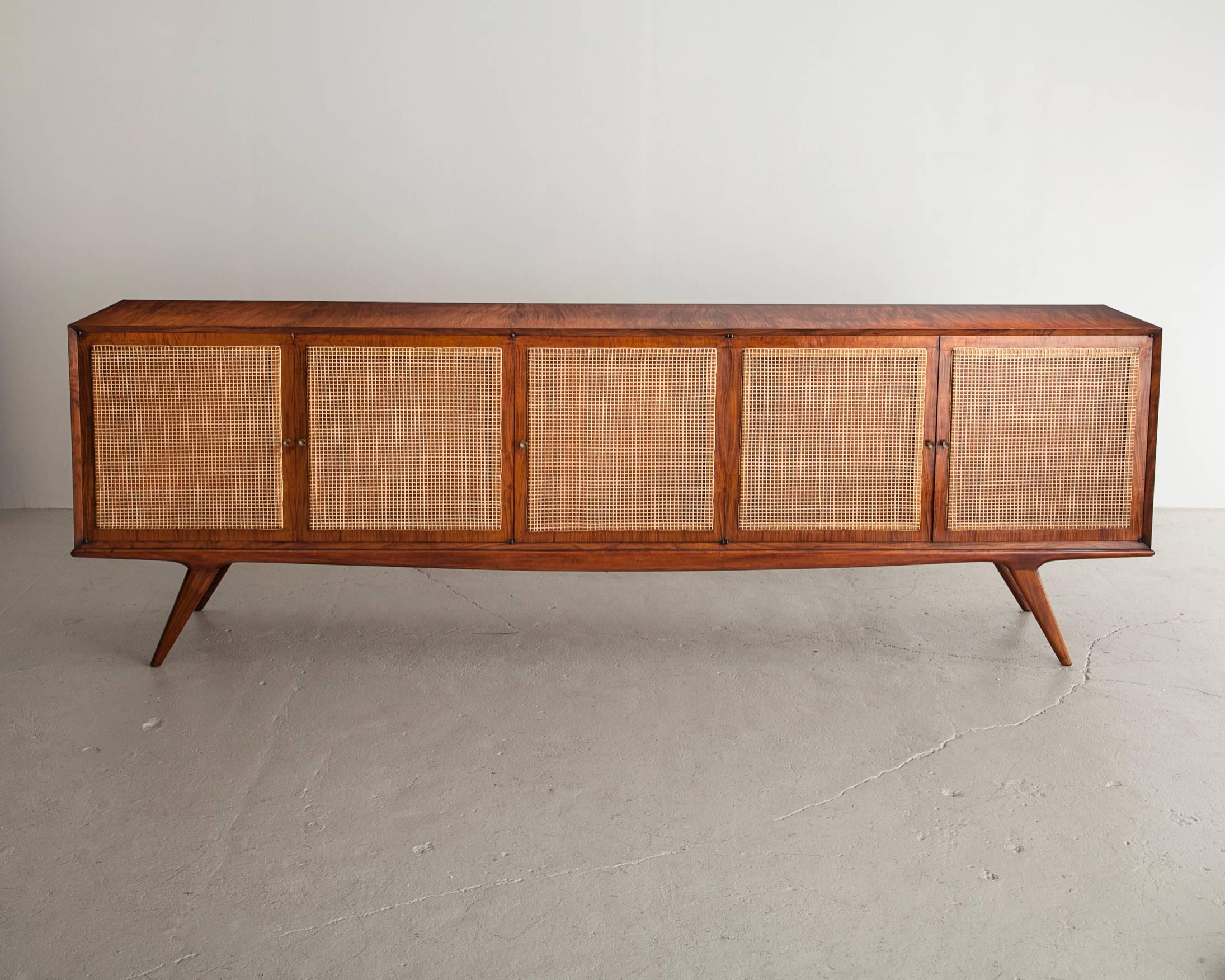 Credenza in Caviona Wood with a Cane Front by Martin Eisler, Brazil, 1950s In Excellent Condition In New York, NY