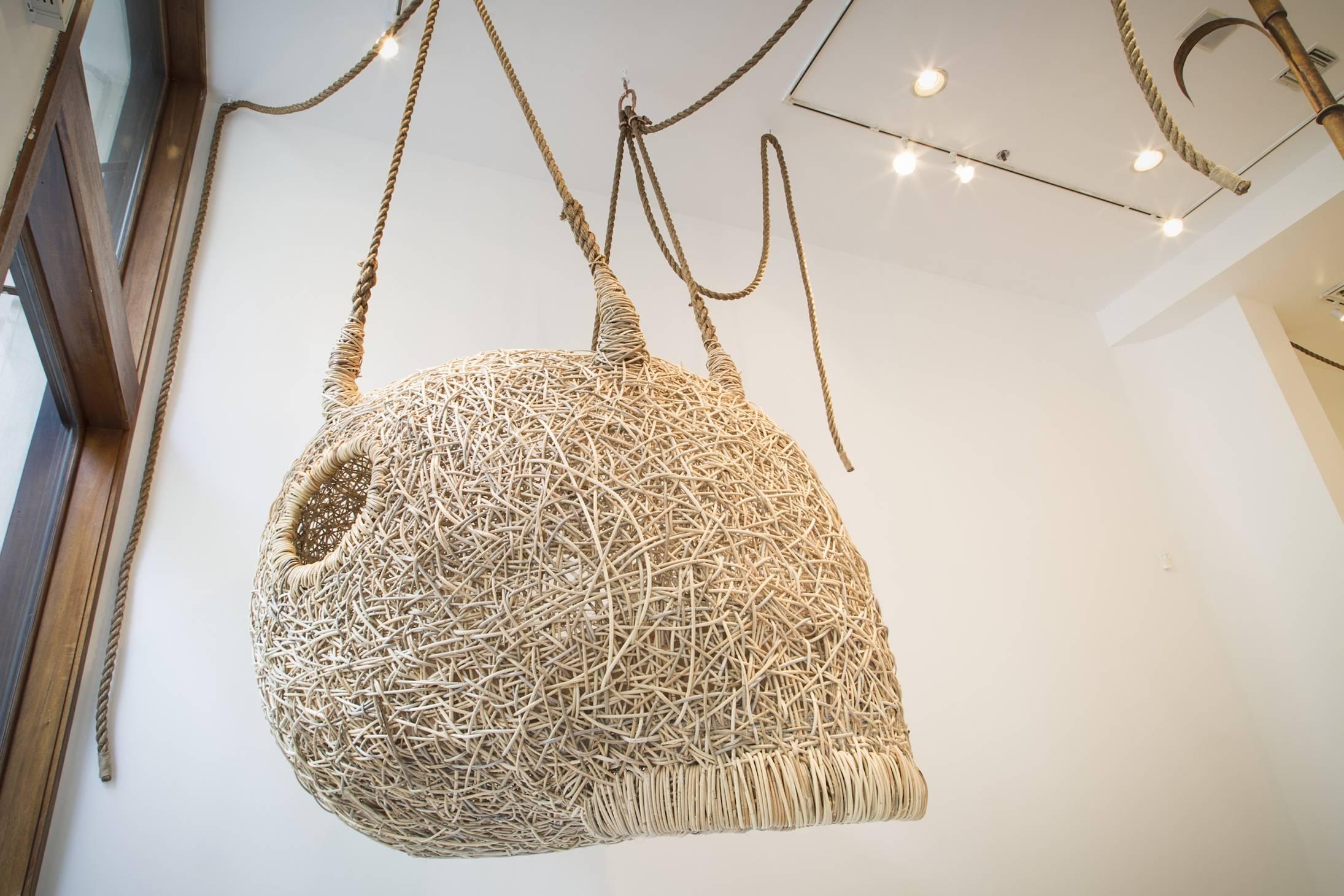 Unique, custom hanging nest sculpture in woven cane with metal framing and jute ropes. Designed and made by Porky Hefer, South Africa, 2015.