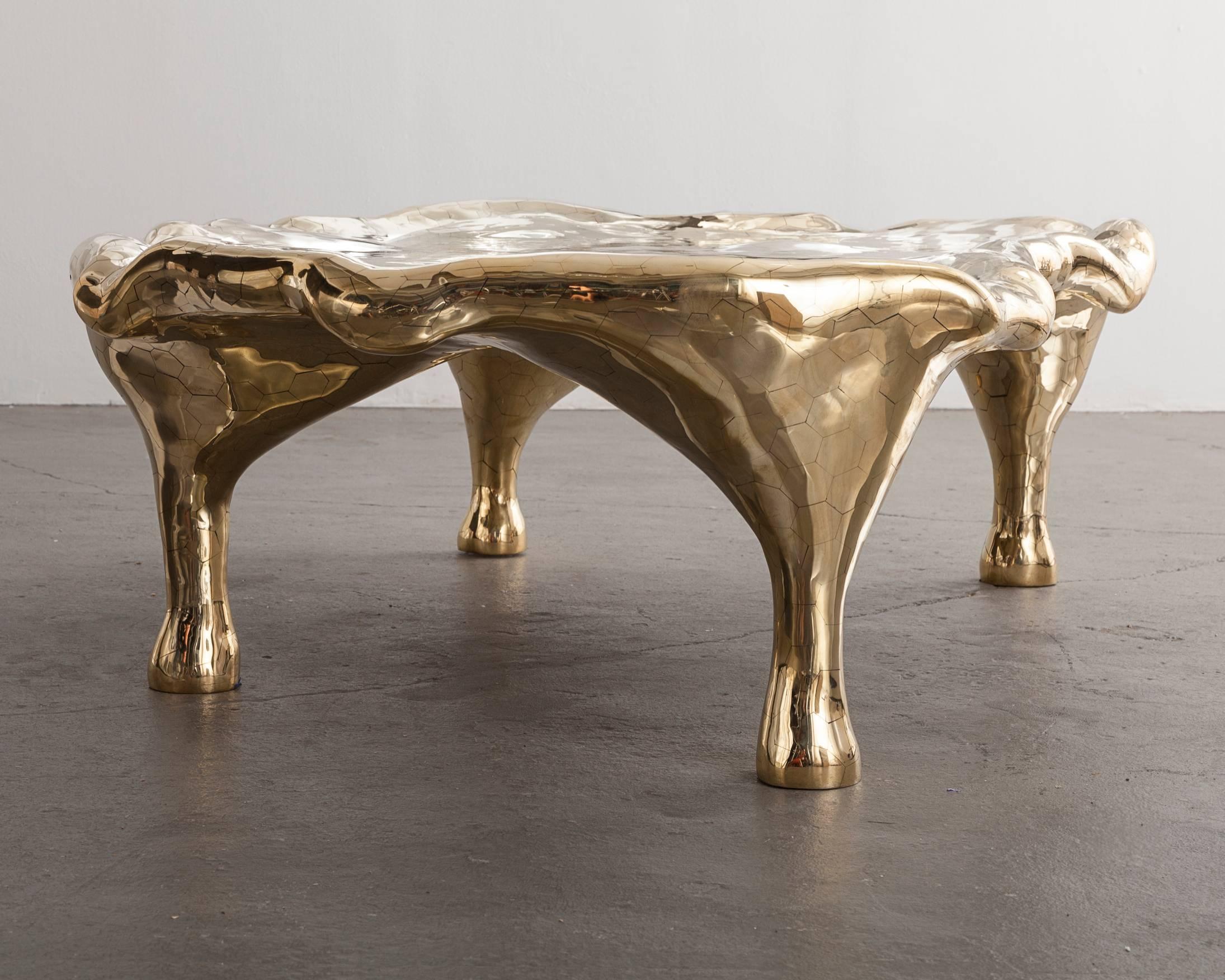 Unique "Stone Gold Steve Austin" Hex coffee table with brass tiles. Designed and made by The Haas Brothers, Los Angeles, CA, 2015. 

Available for custom commission.