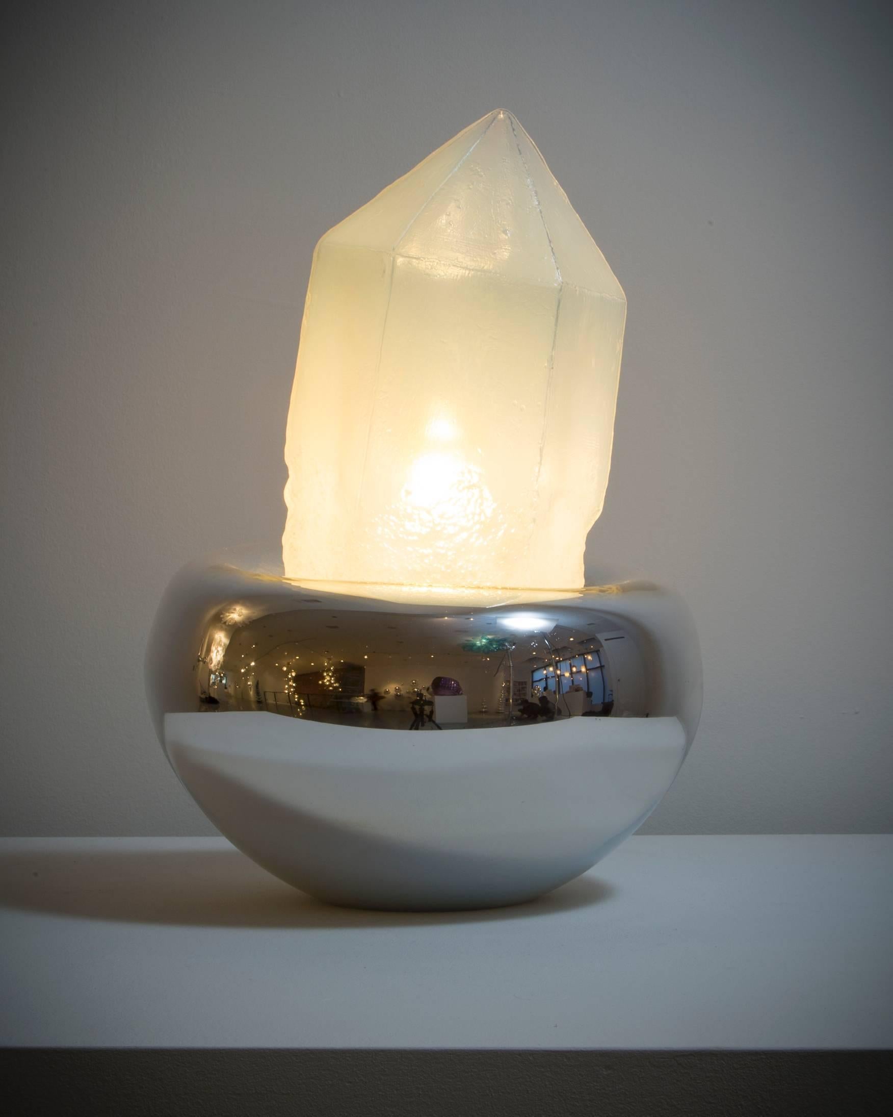 Unique illuminated sculpture in clear handblown glass and mirrorized glass base. Designed and made by Jeff Zimmerman, USA, 2015.