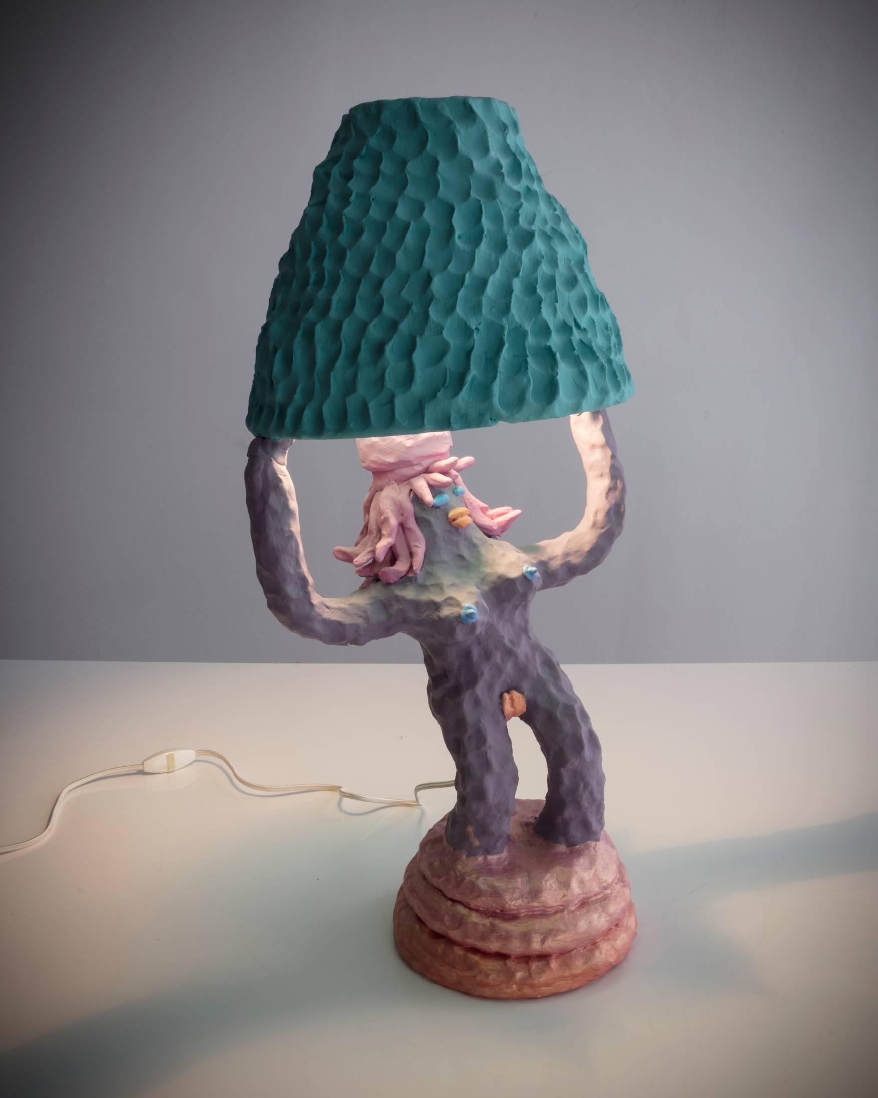 "Girl Lamp" in ceramic with purple single-girl base and aqua textured shade. Designed and made by Katie Stout, USA, 2017.