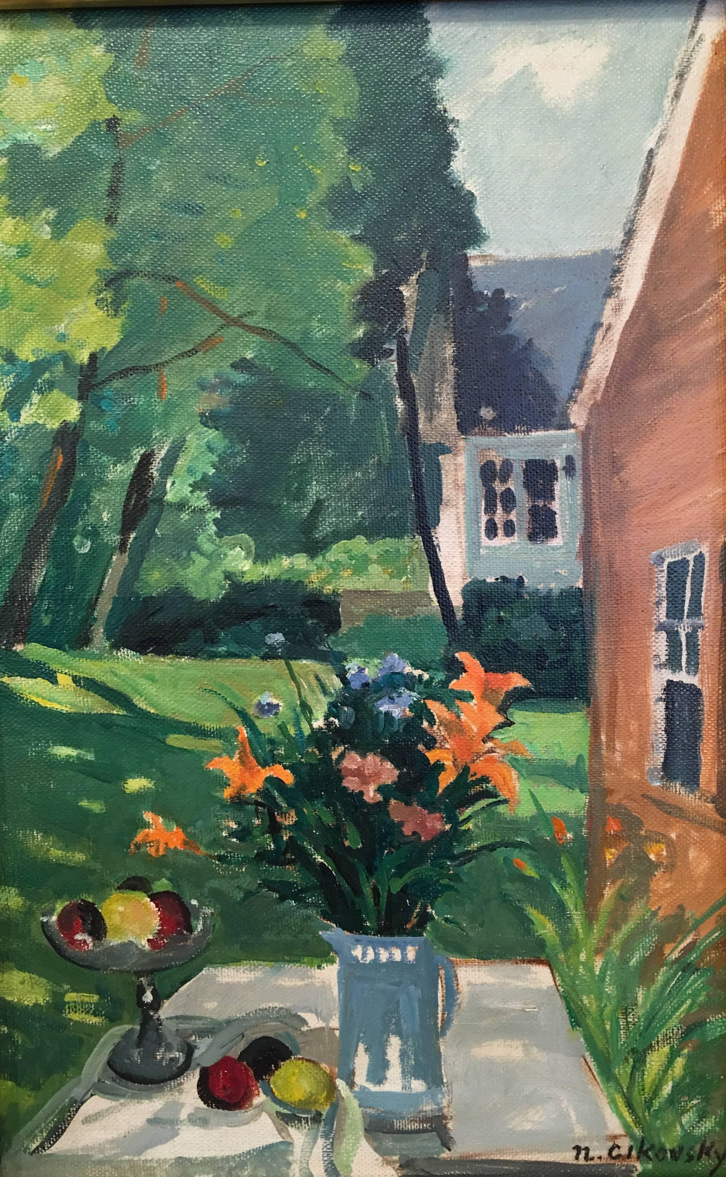 American post-impressionist painting, "Southampton Garden Still Life
by Nicola Cikovsky, circa 1940s.
Oil on canvas.
Gold frame.