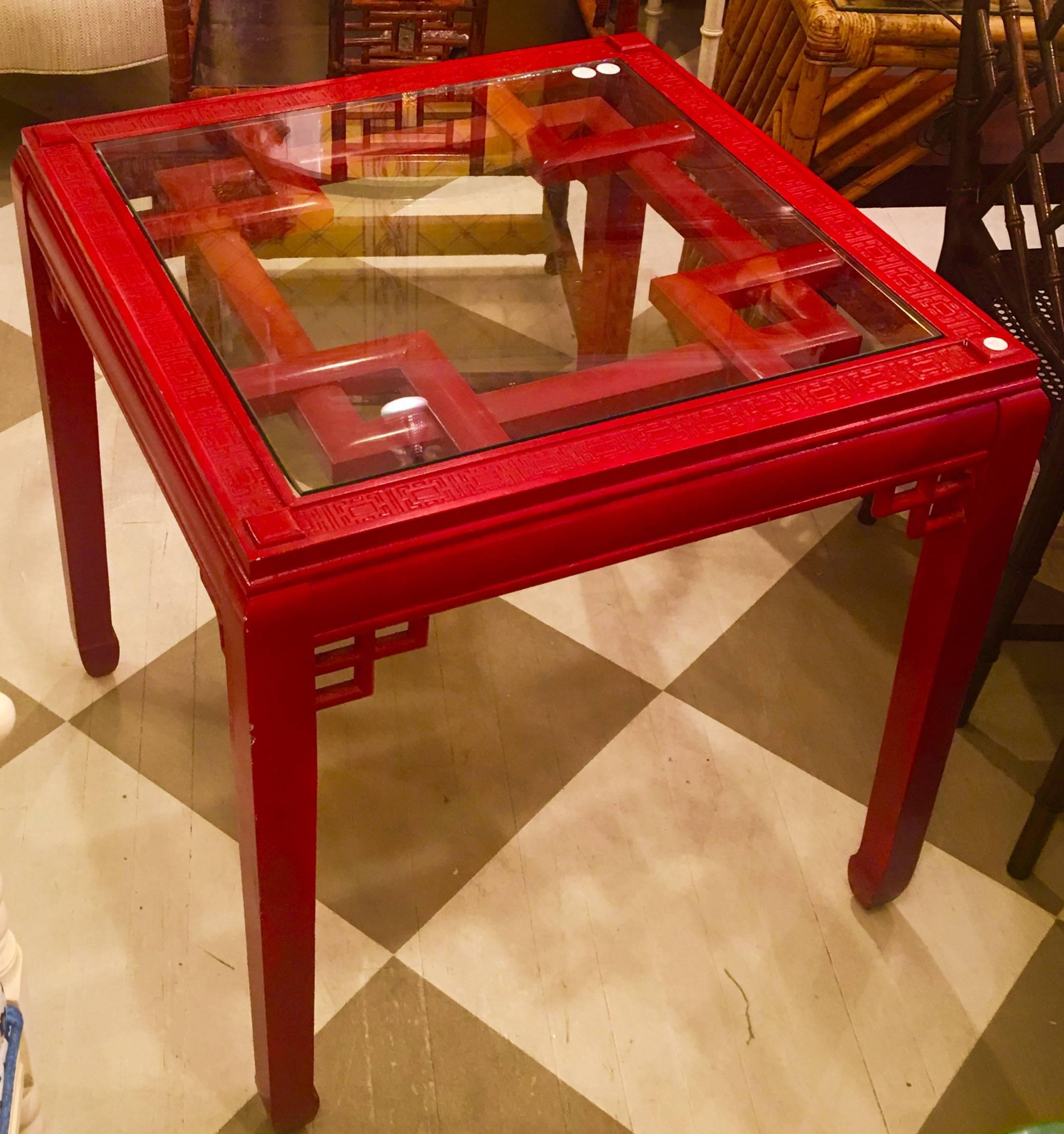 Midcentury American Chinese Chippendale Style Red Lacquered Square Table 2