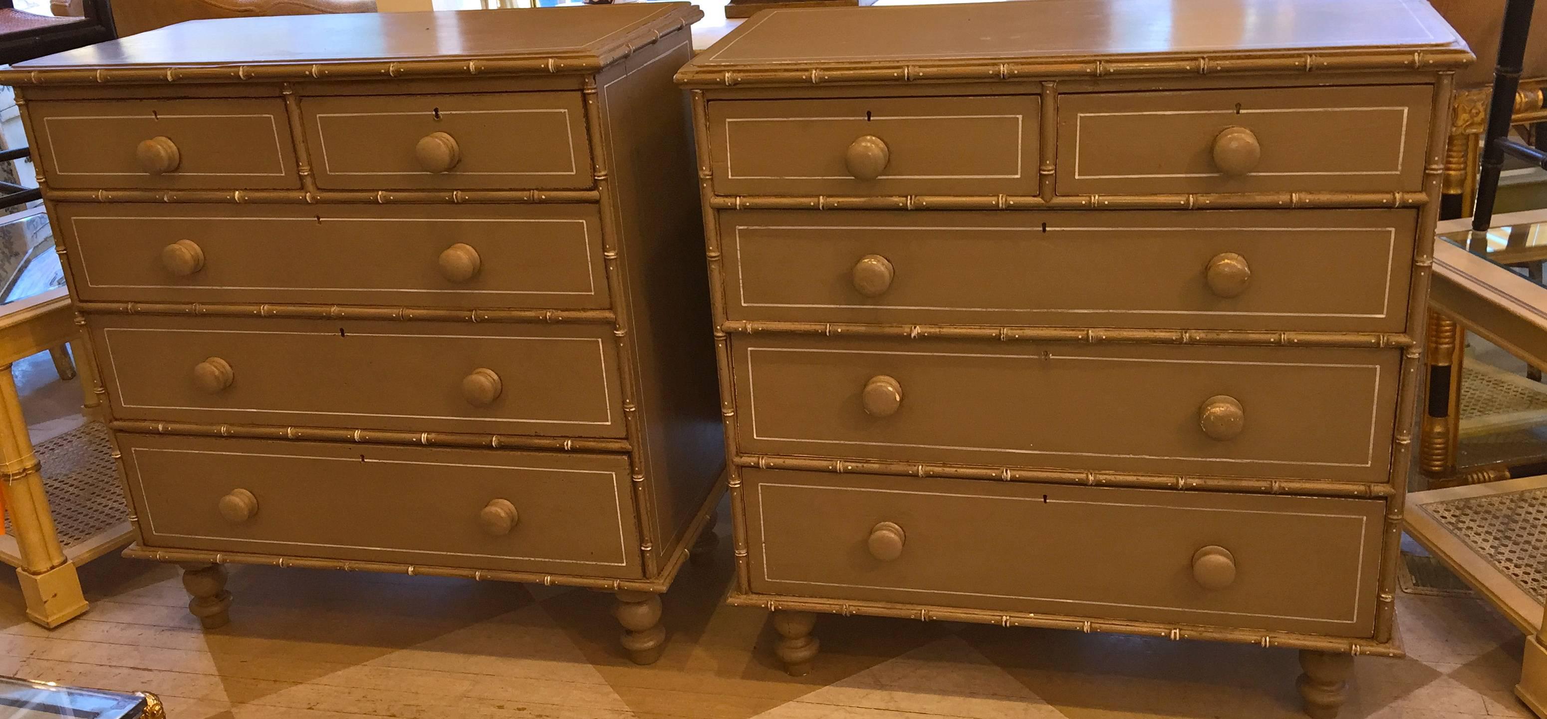 European Pair of 19th Century Painted Bamboo Cottage Chests of Drawers