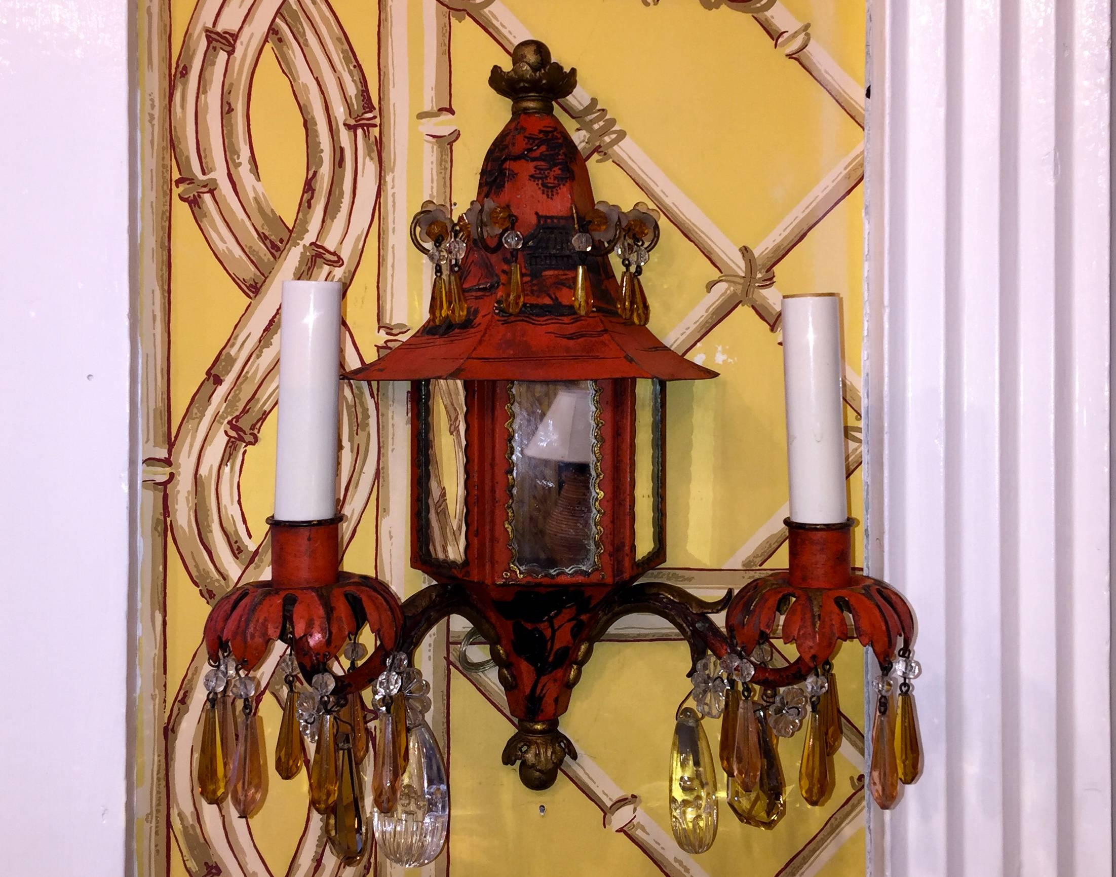 Pair of 19th century French Napoleon III chinoiserie style tole sconces with
pagoda form and original crystals.