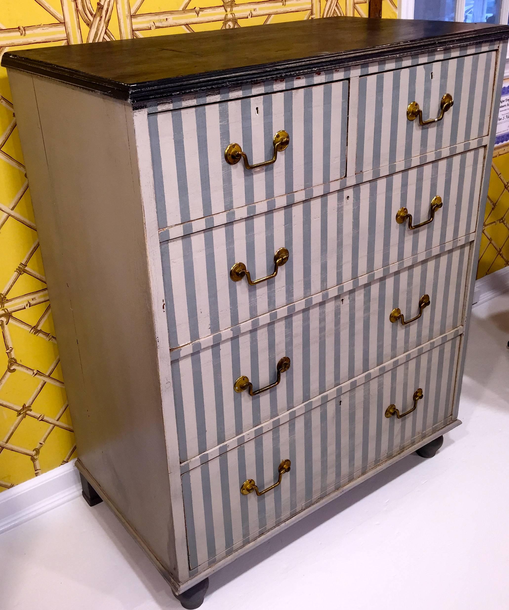 19th century English Painted Chest of Drawers with Light Blue Strips 
having a black painted top with period brass handles
Very smart