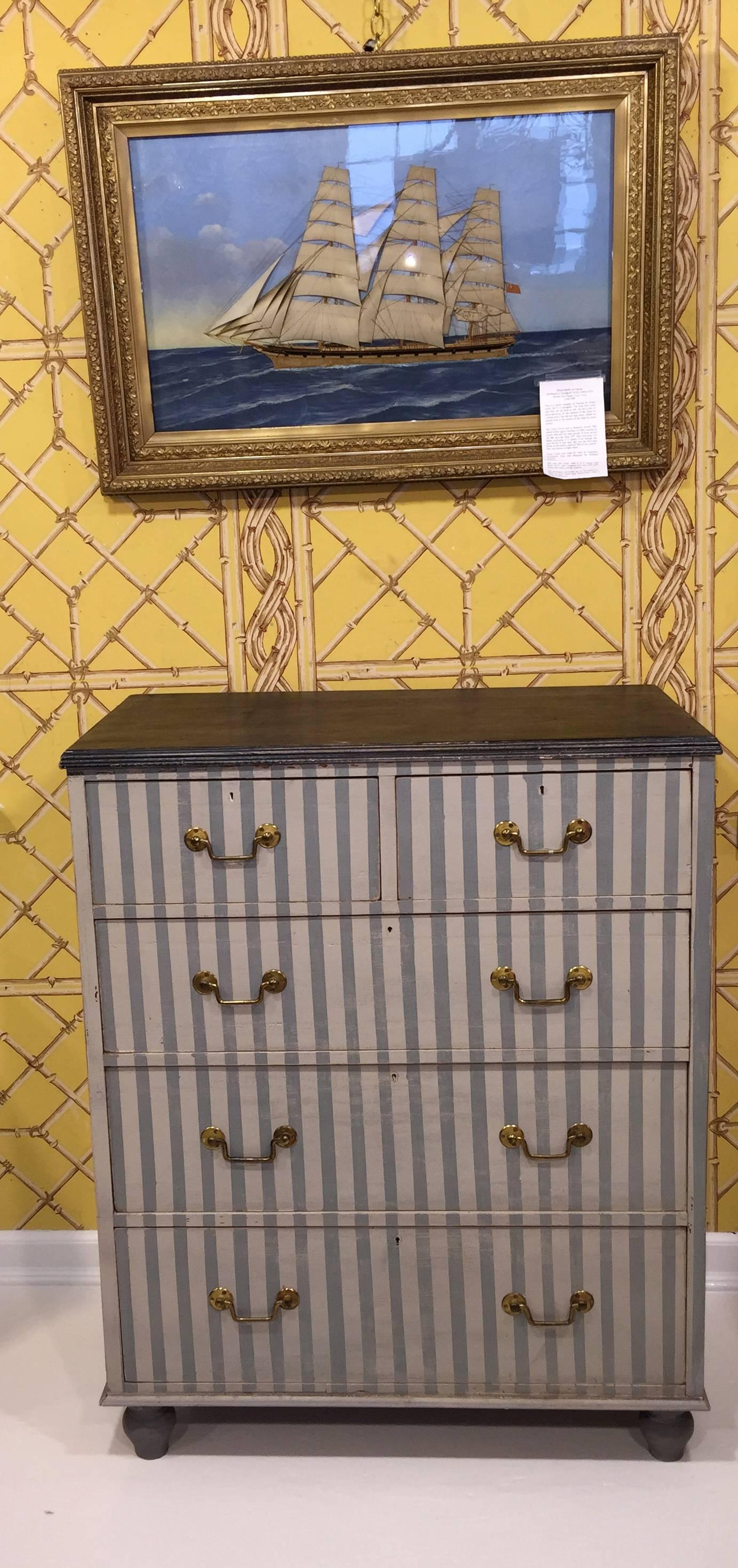 19th Century English Painted Chest of Drawers with Light Blue Strips In Good Condition In Southampton, NY