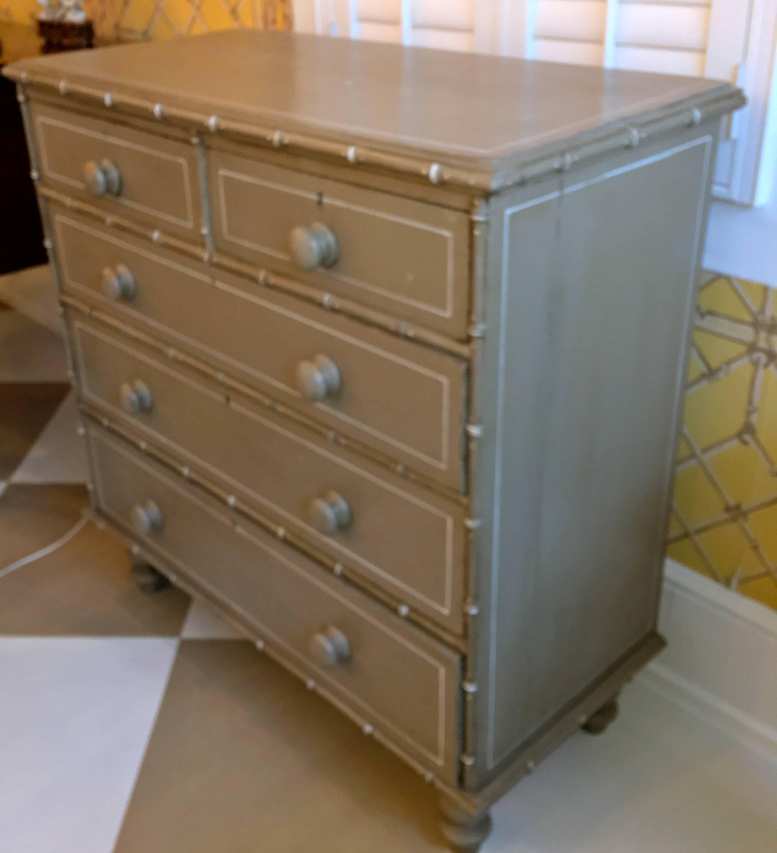 Pair of 19th century English Country faux bamboo painted Chest of Drawers.

Offering one for sale and also the pair is available $3,950.
Custom made and one chest 1/4