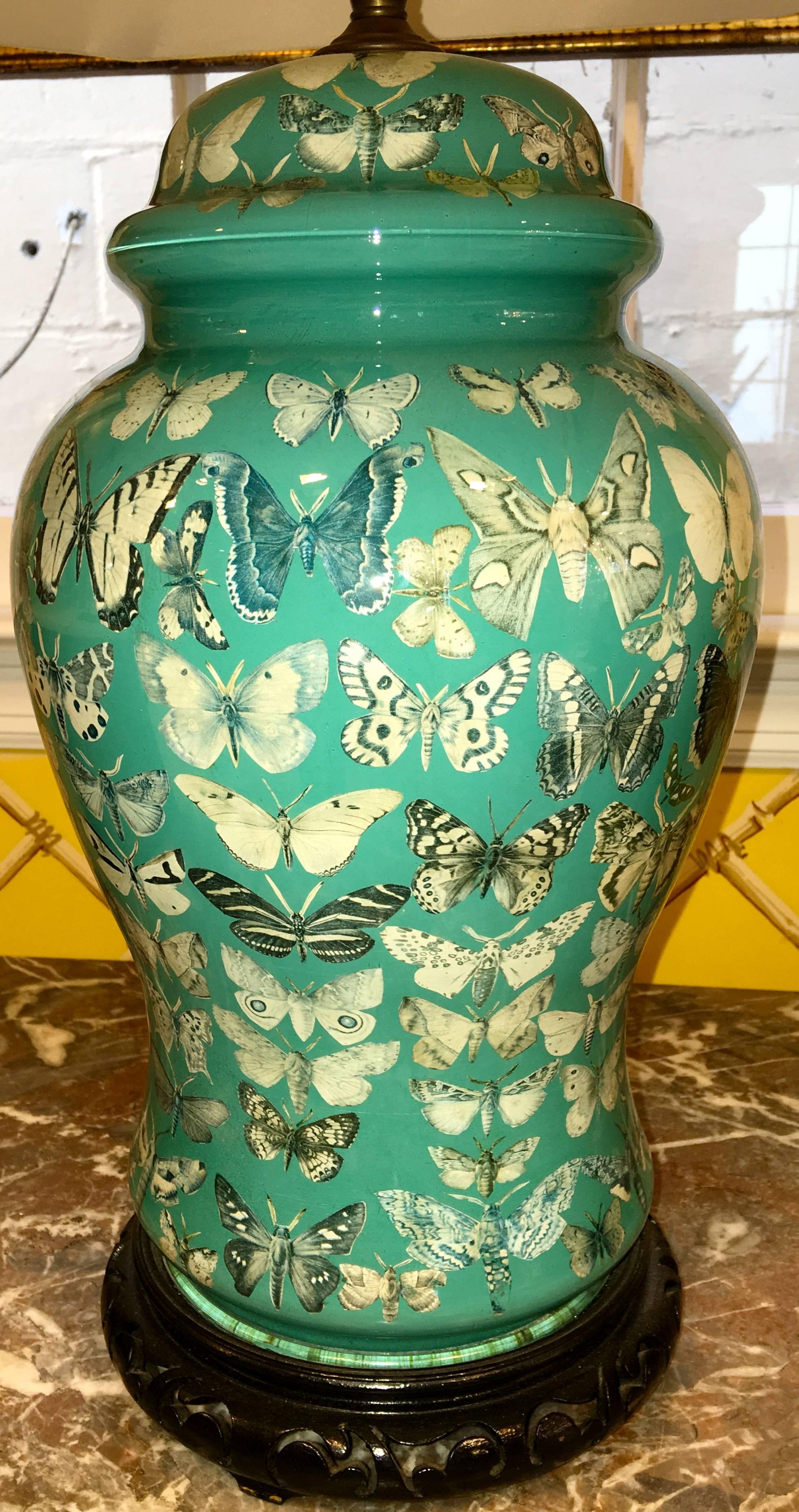 Regency Pair of American Decoupage Butterfly Design Glass Temple Jar Lamps circa 1950