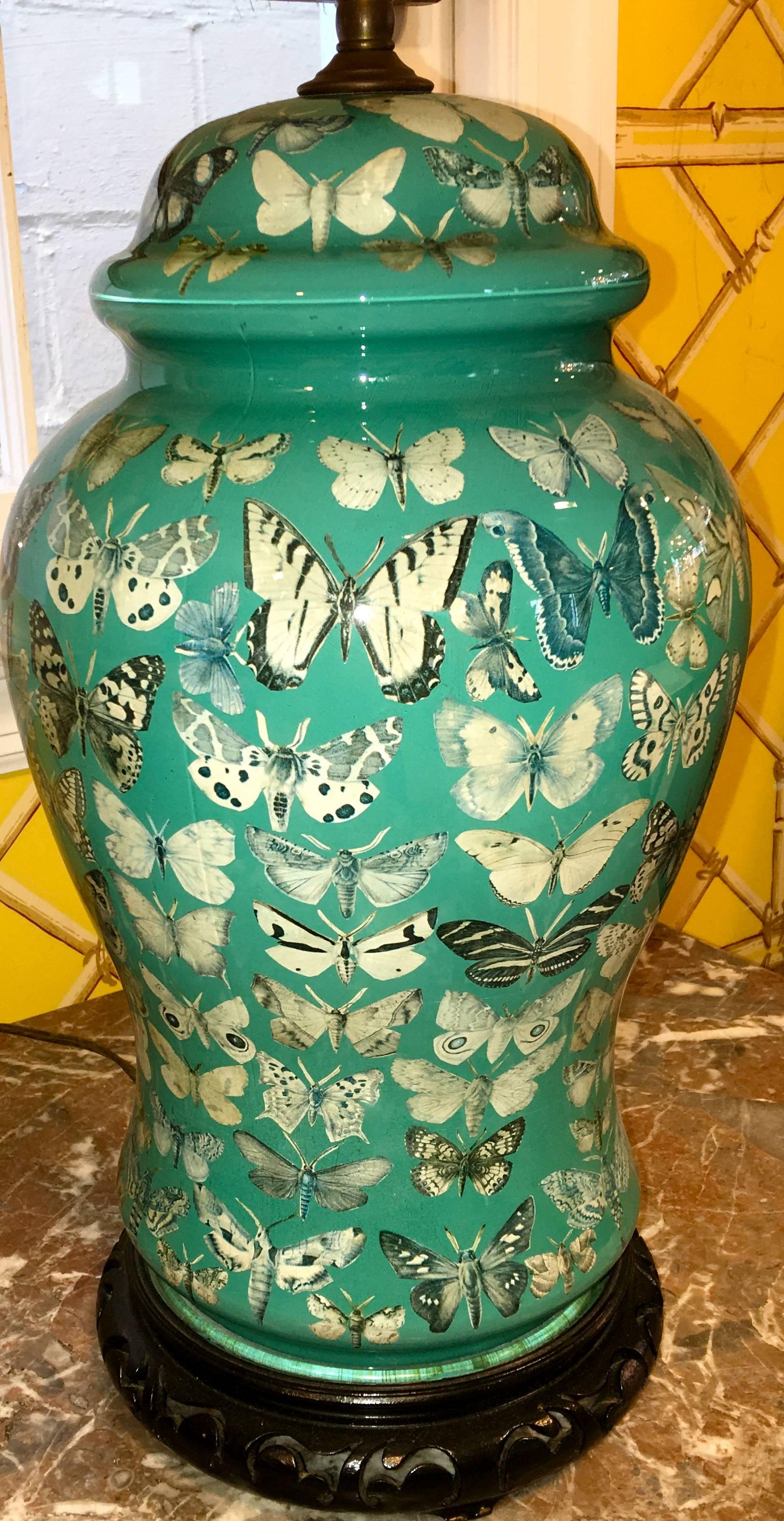 North American Pair of American Decoupage Butterfly Design Glass Temple Jar Lamps circa 1950