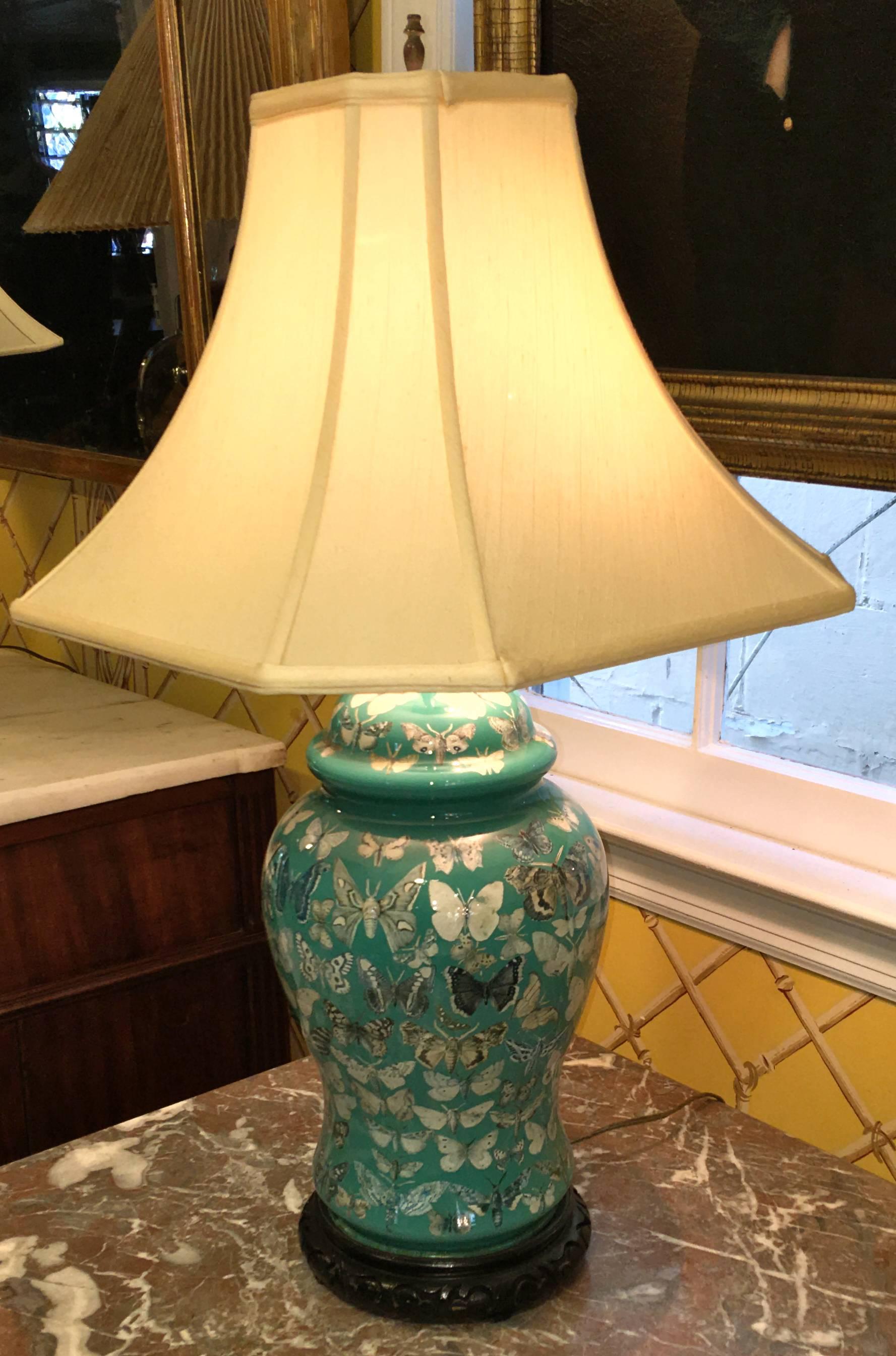 Pair of American Decoupage Butterfly Design Glass Temple Jar Lamps circa 1950 In Excellent Condition In Southampton, NY