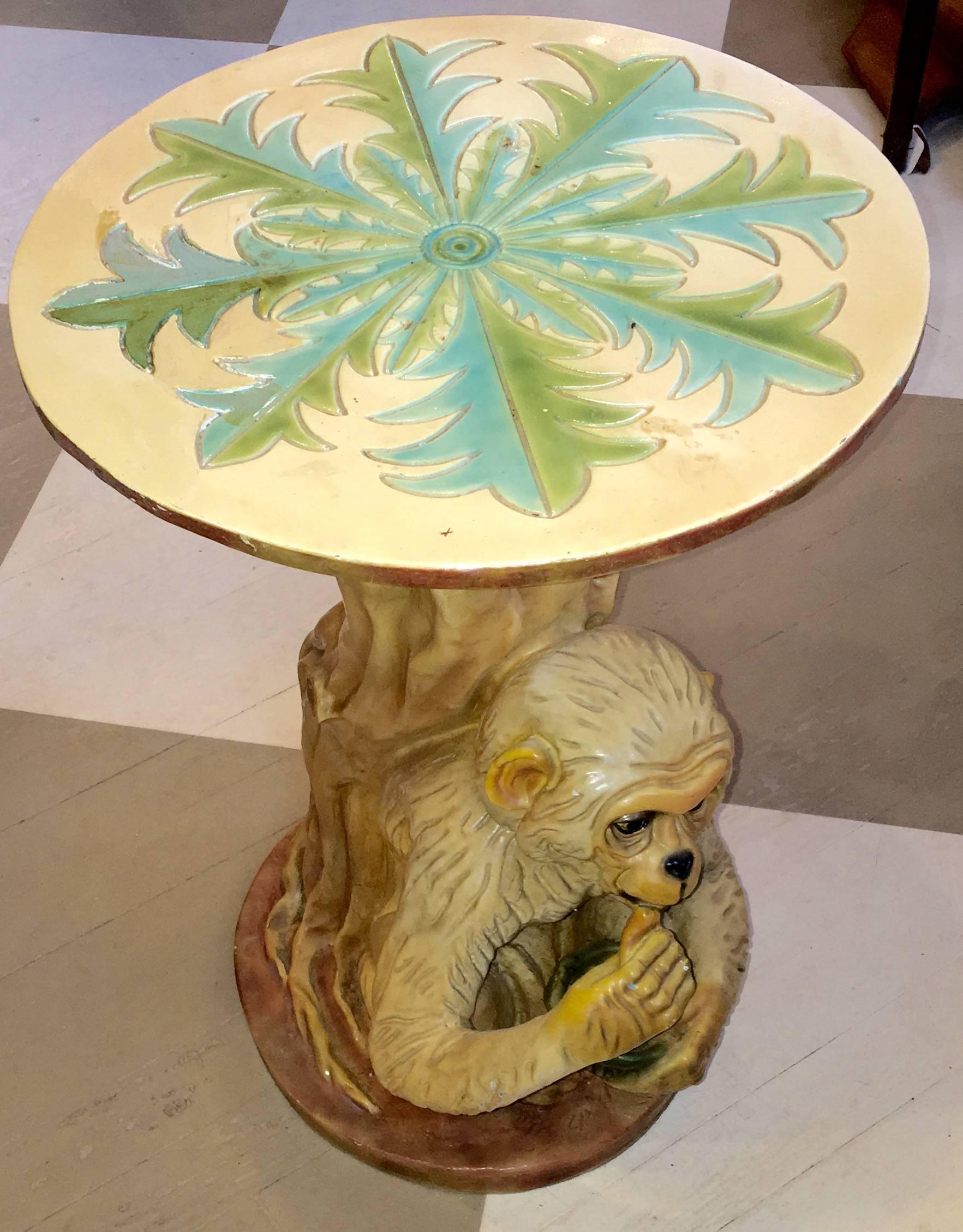 American Mid-Century Modern hand-painted porcelain monkey garden table.