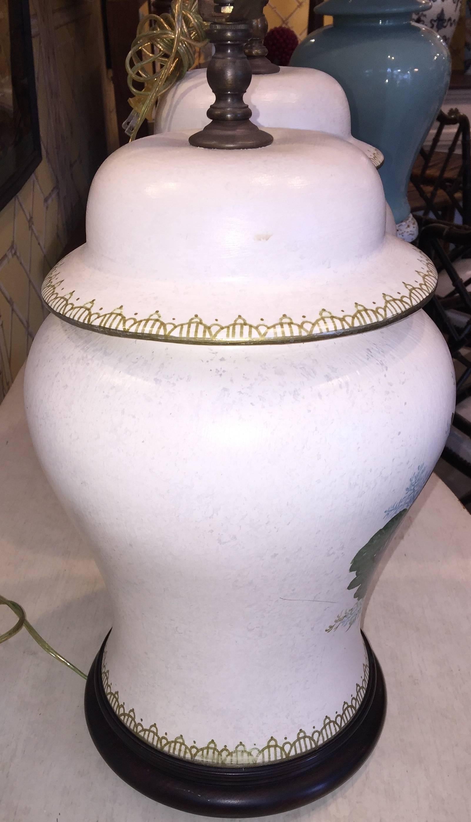 North American Pair of American Hand-Painted with Shells Porcelain Temple Jar Lamps For Sale