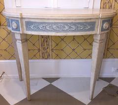 Pair of Swedish Painted Blue and White Demilune Regency Style Consoles
