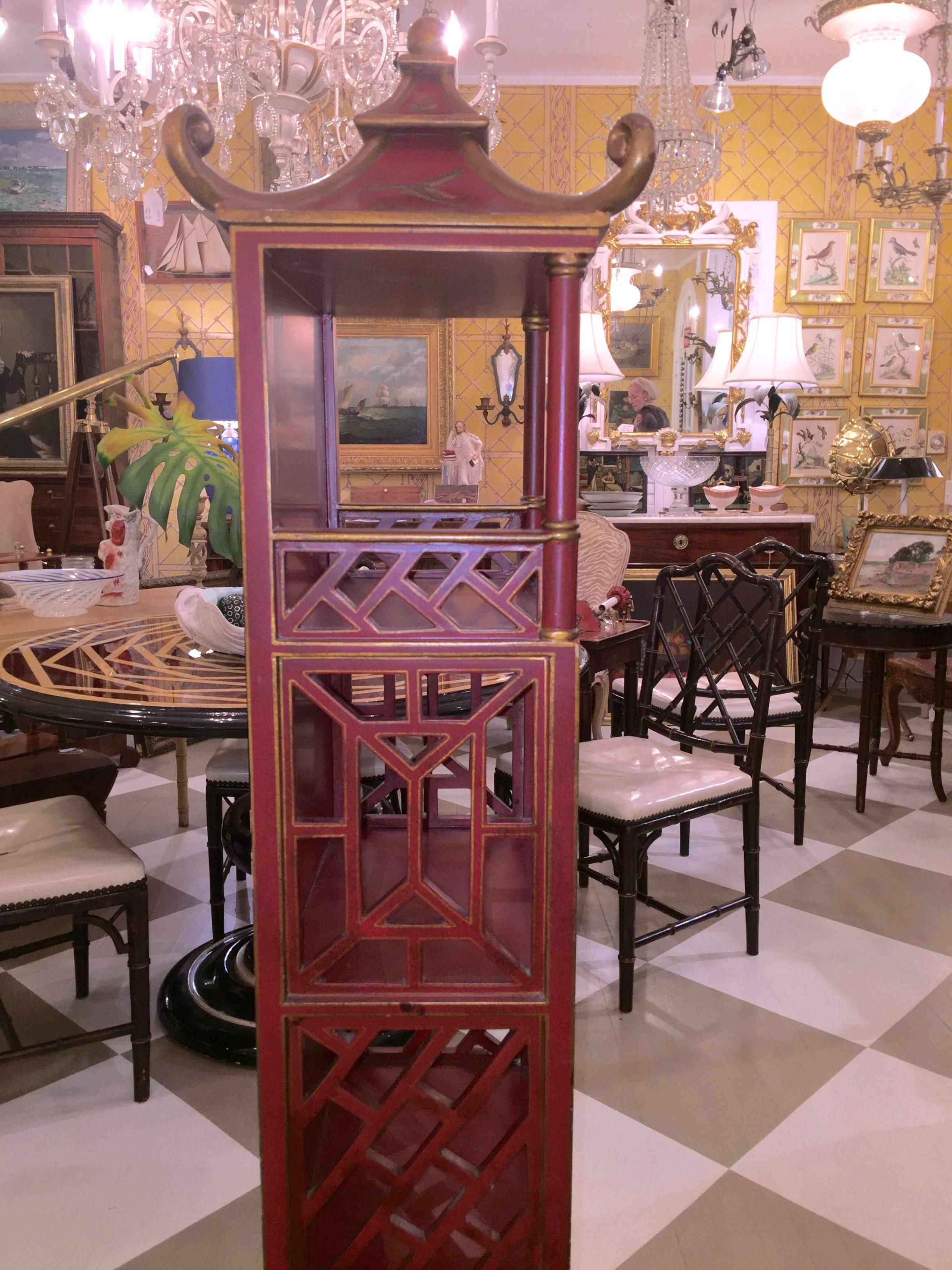 North American Pair of Chinoiserie Red Pagoda Cabinets in the Regency Style