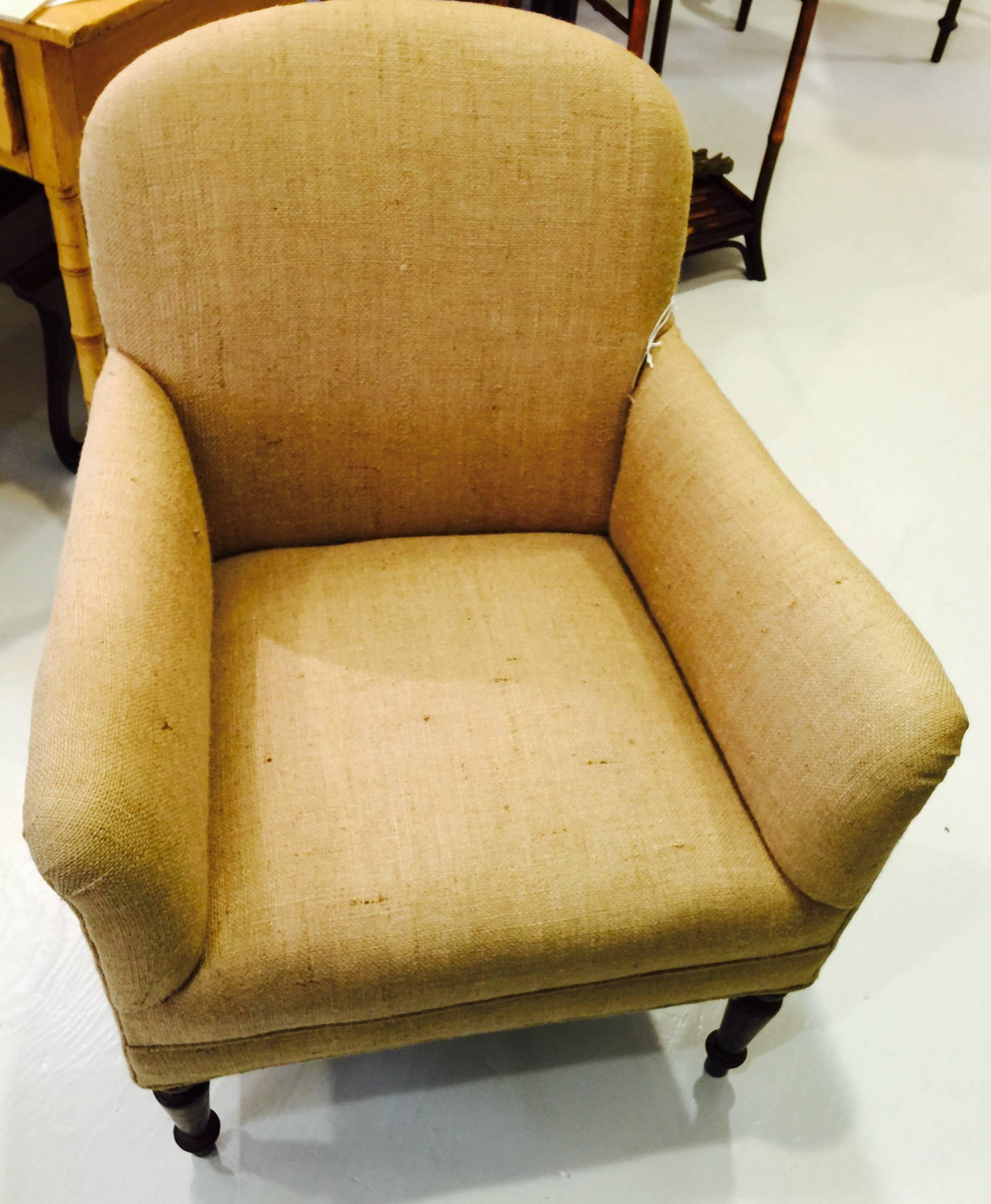 19th century English late Regency mahogany armchair.
New upholstered in burlap.
    