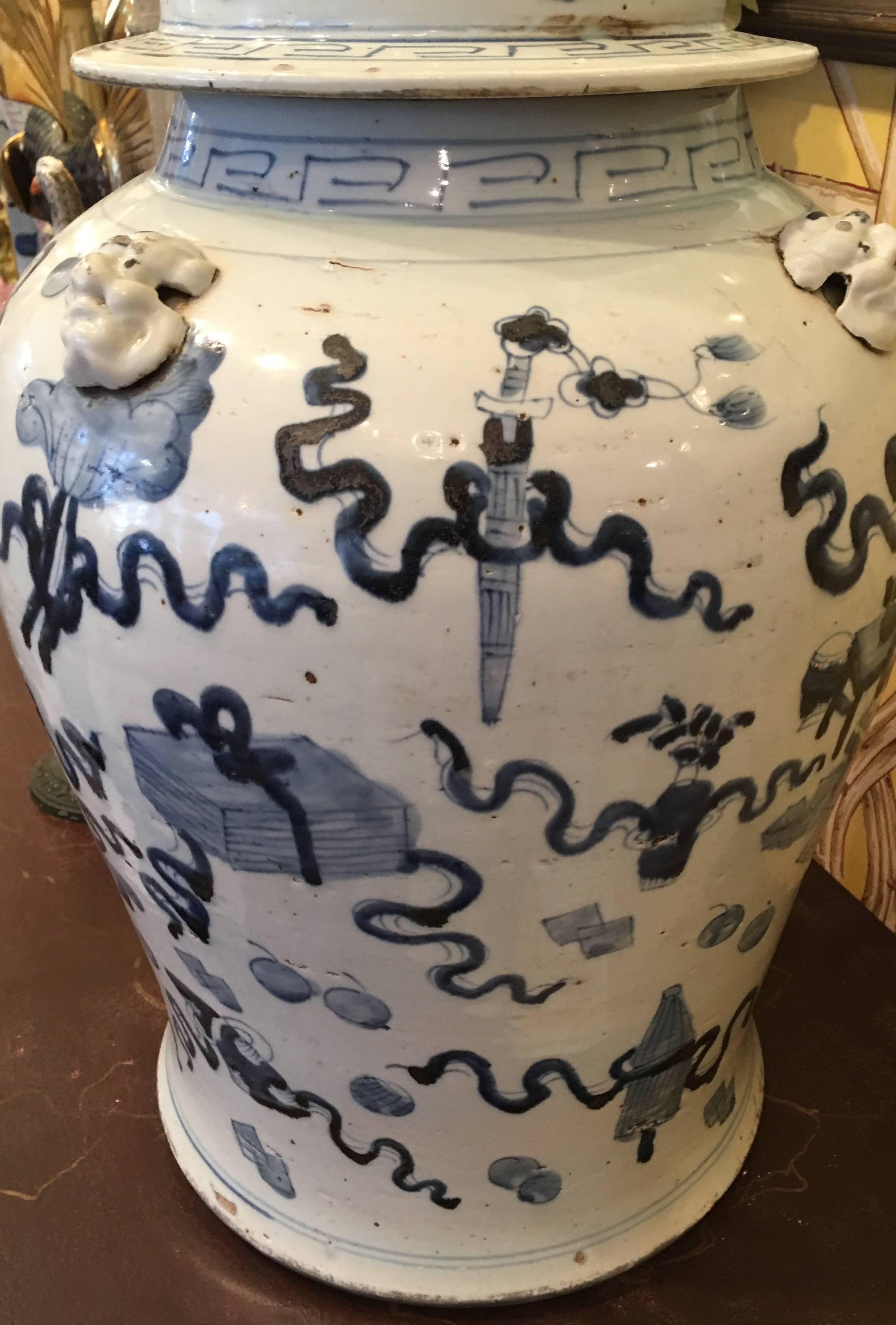 Qing Pair of Late 20th Century Chinese Blue and White Temple Jars