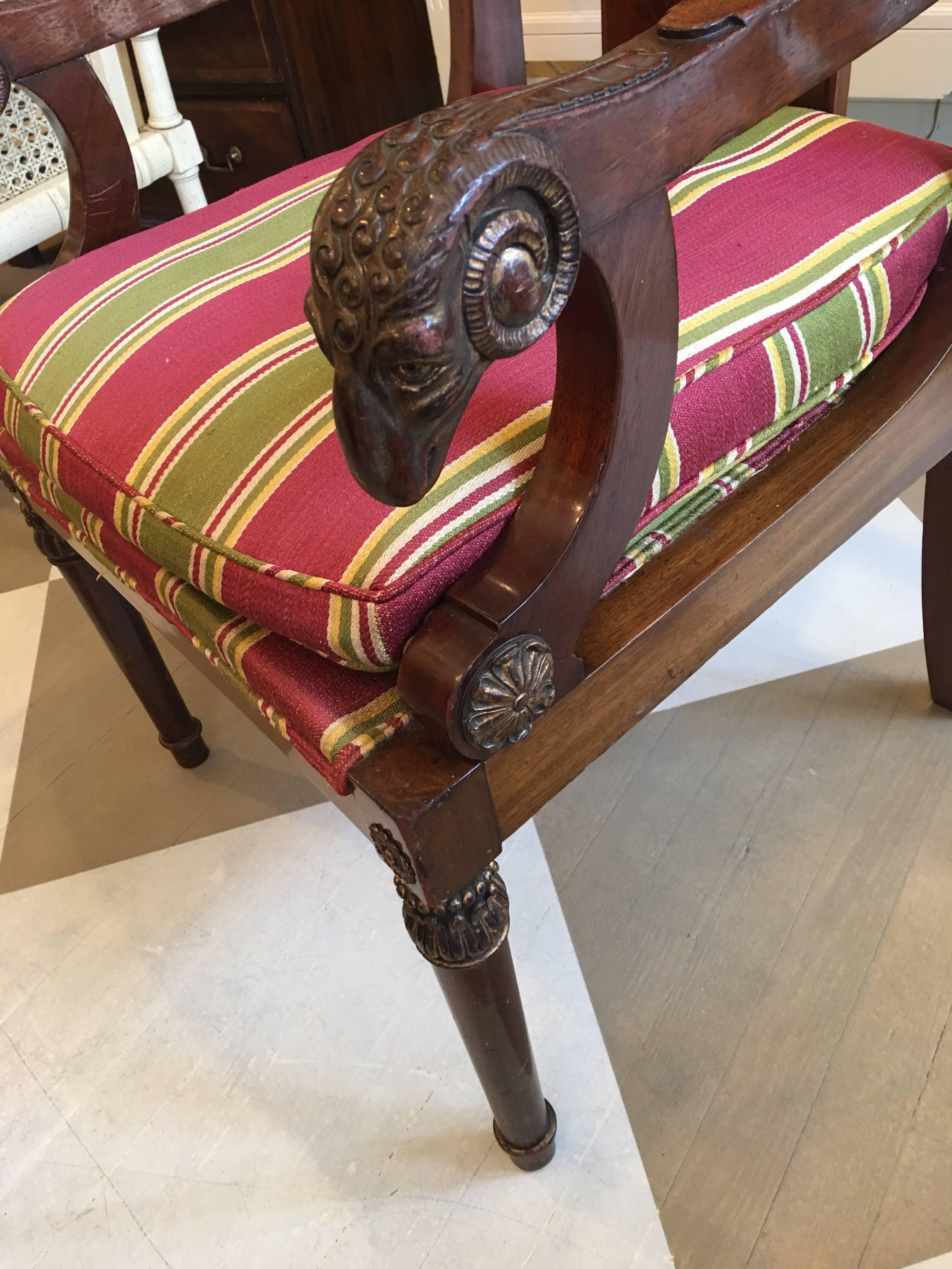Regency Revival English Late 19th Century, Mahogany Rams Head Armchair For Sale