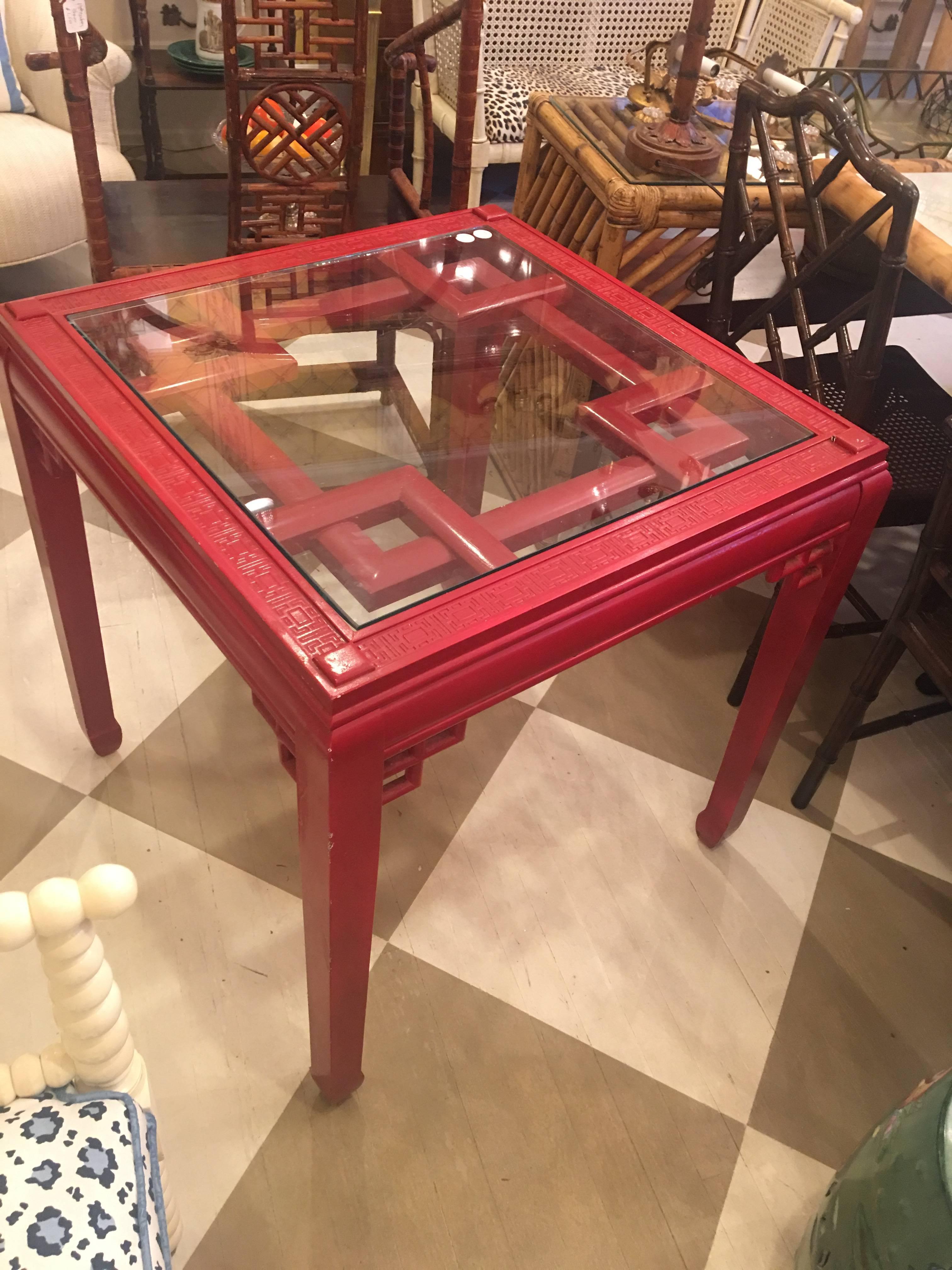 Midcentury American Chinese Chippendale Style Red Lacquered Square Table 3