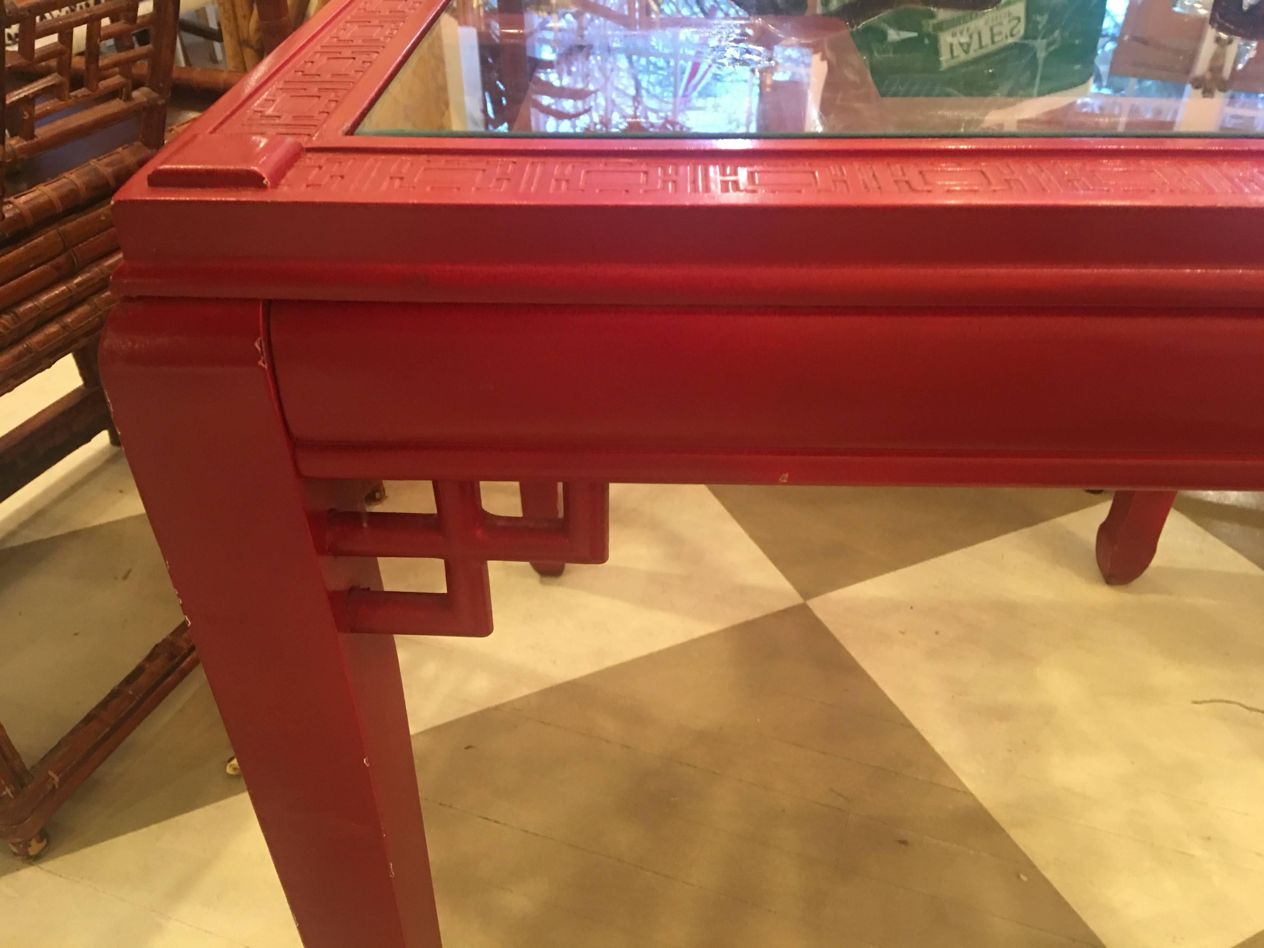 Midcentury American Chinese Chippendale Style Red Lacquered Square Table 1