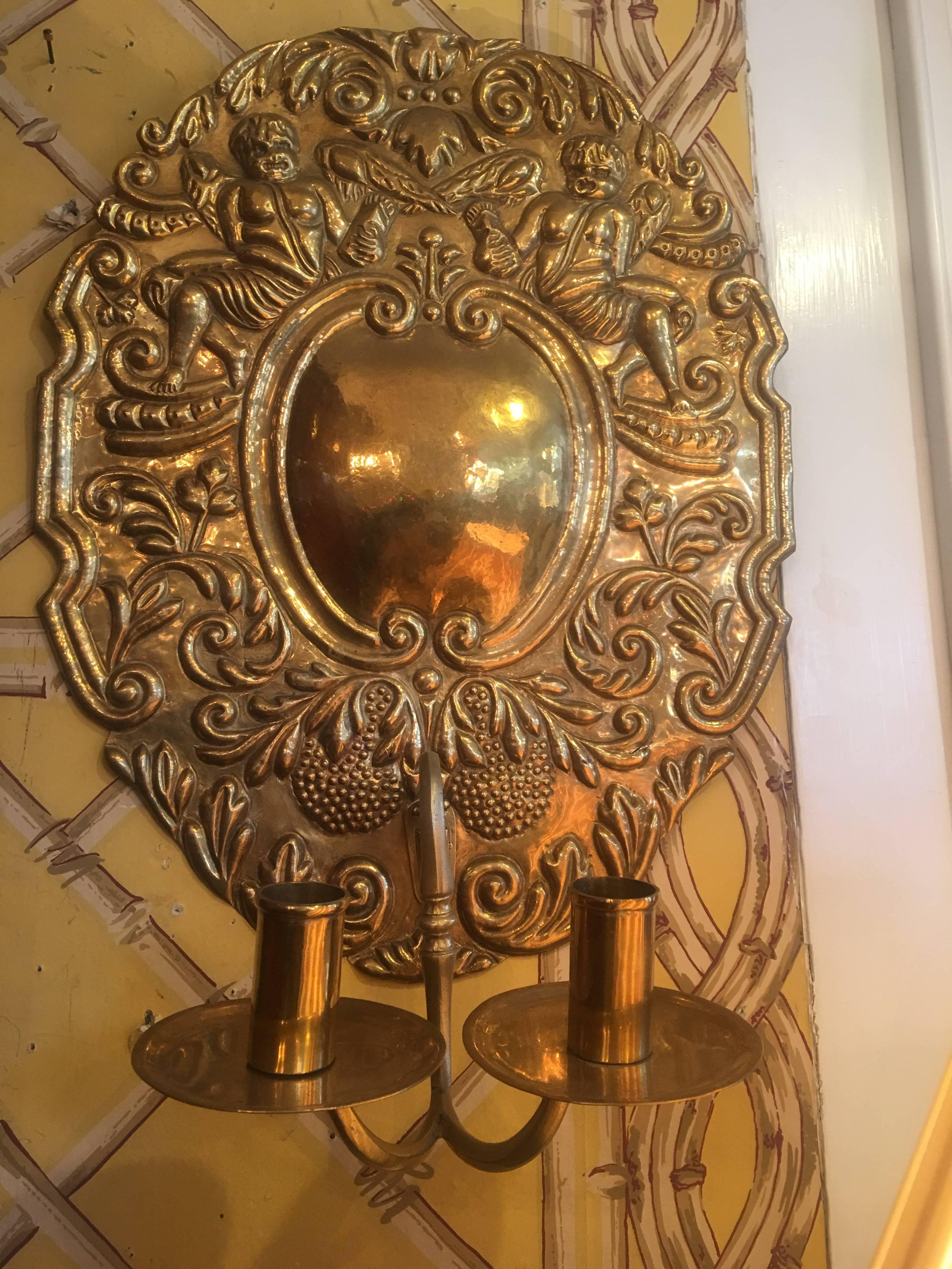 Pair of Late 19th Century Dutch Brass Sconces In Excellent Condition In Southampton, NY