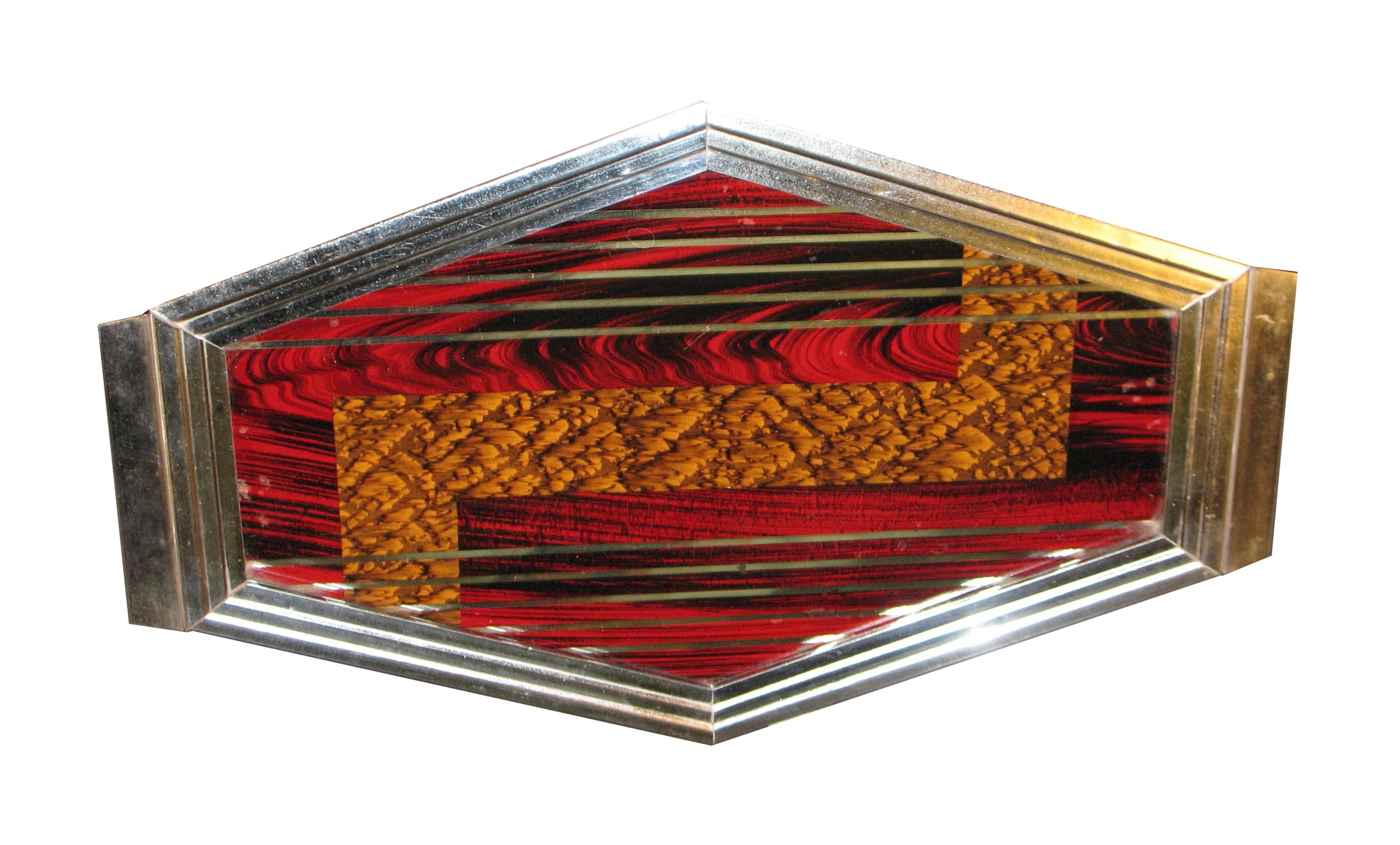 Magnificently crafted French Art Deco marquetry tray from the 1920s-1930s with different exotic woods and chromium plated fillets in geometrical order under glass. 
Hexagonal shape with a stepped, nickel-plated gallery with handles.
Good used
