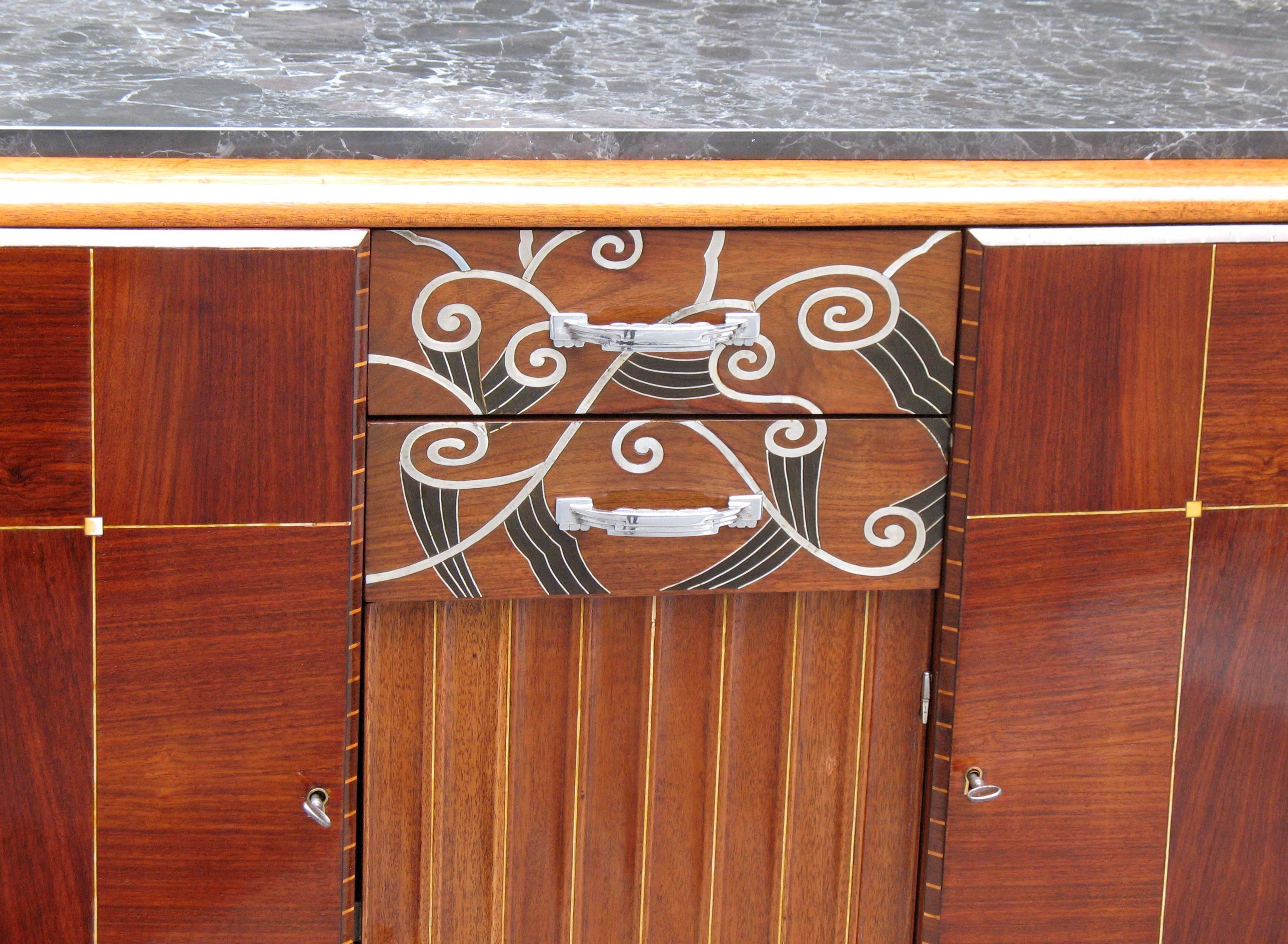 Art Deco Pewter and Ivory Inlaid French Art deco Buffet For Sale