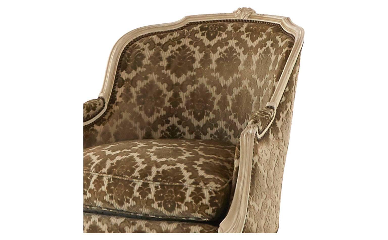Original cut velvet upholstery,
hand-carved Louis XV style wood frame.
Ivory lacquer.
Antiqued nailhead,
20th century,
France.
Set of two available (priced individually).

Dimensions:
Overall: 28.5" W x 25" D x 35" H. 
Seat
