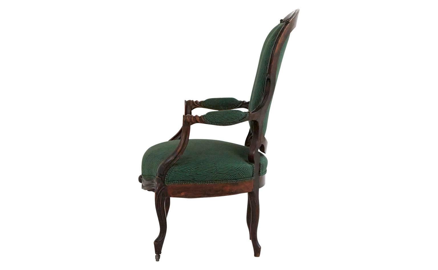 Reupholstered in Kelly Wearstler avant green linen
Hand-painted ebony wood
20th century
France

Dimensions:
Overall: 23'D x 24'W x 42'H 
Seat height: 16.5'H
Arm height: 25'H