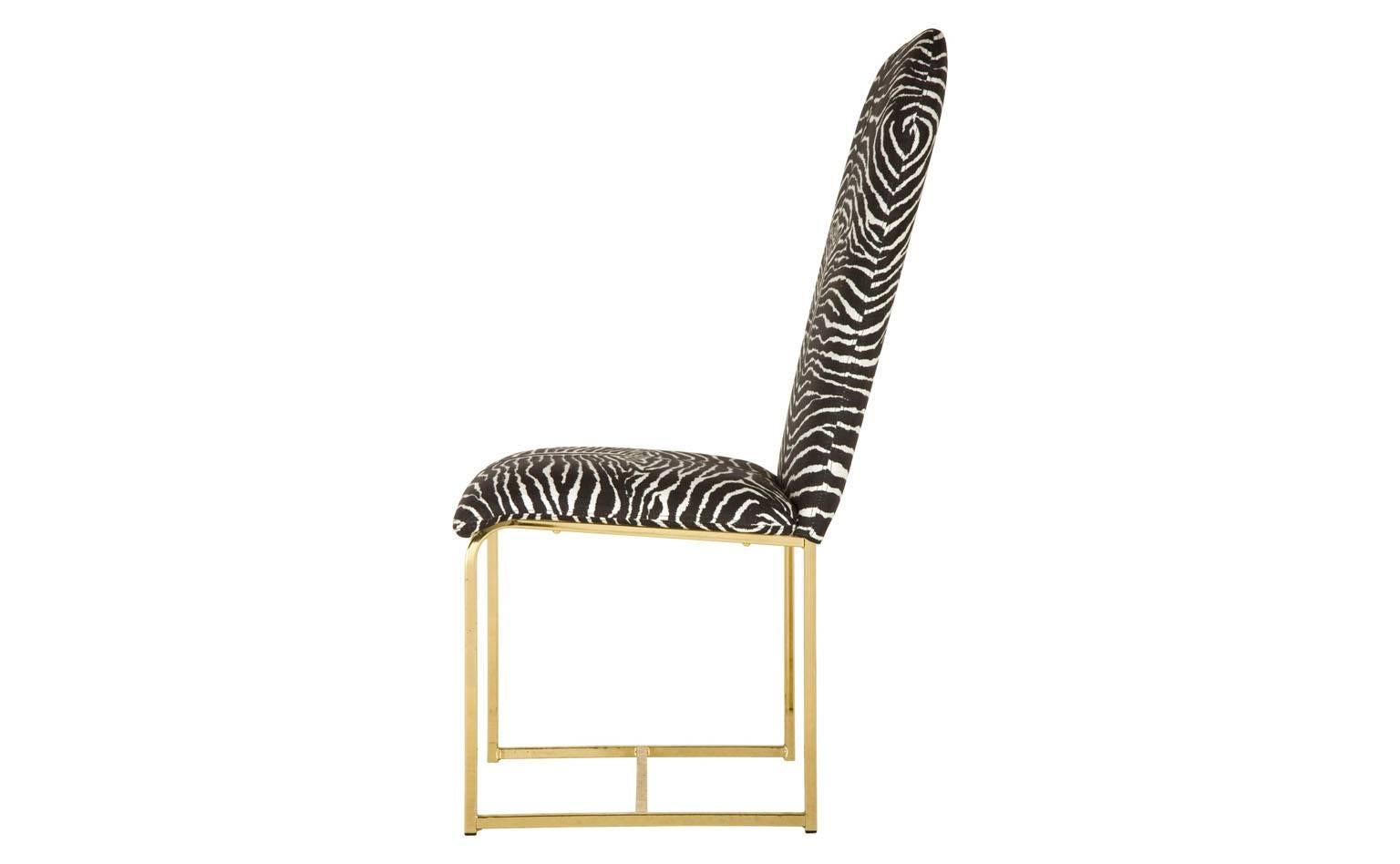 Reupholstered in Brunschwig & Fils black le zebre fabric
brass frame
mid-20th century
American
set of two available (priced individually)

Dimensions
18" W x 21" D x 36.5" H
seat height 19.5"H 
seat depth 18"D.