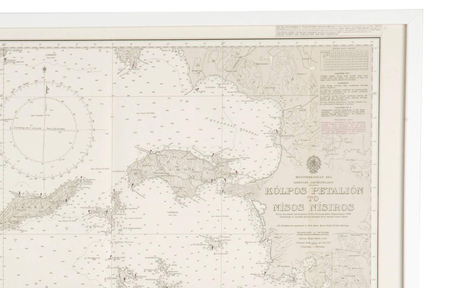 Tonal vintage map of Kolps Petalion to Nisos Nisiros
Complimentary white wood frame
20th century
American
Measures: 1.25'D x 47'W x 29'H