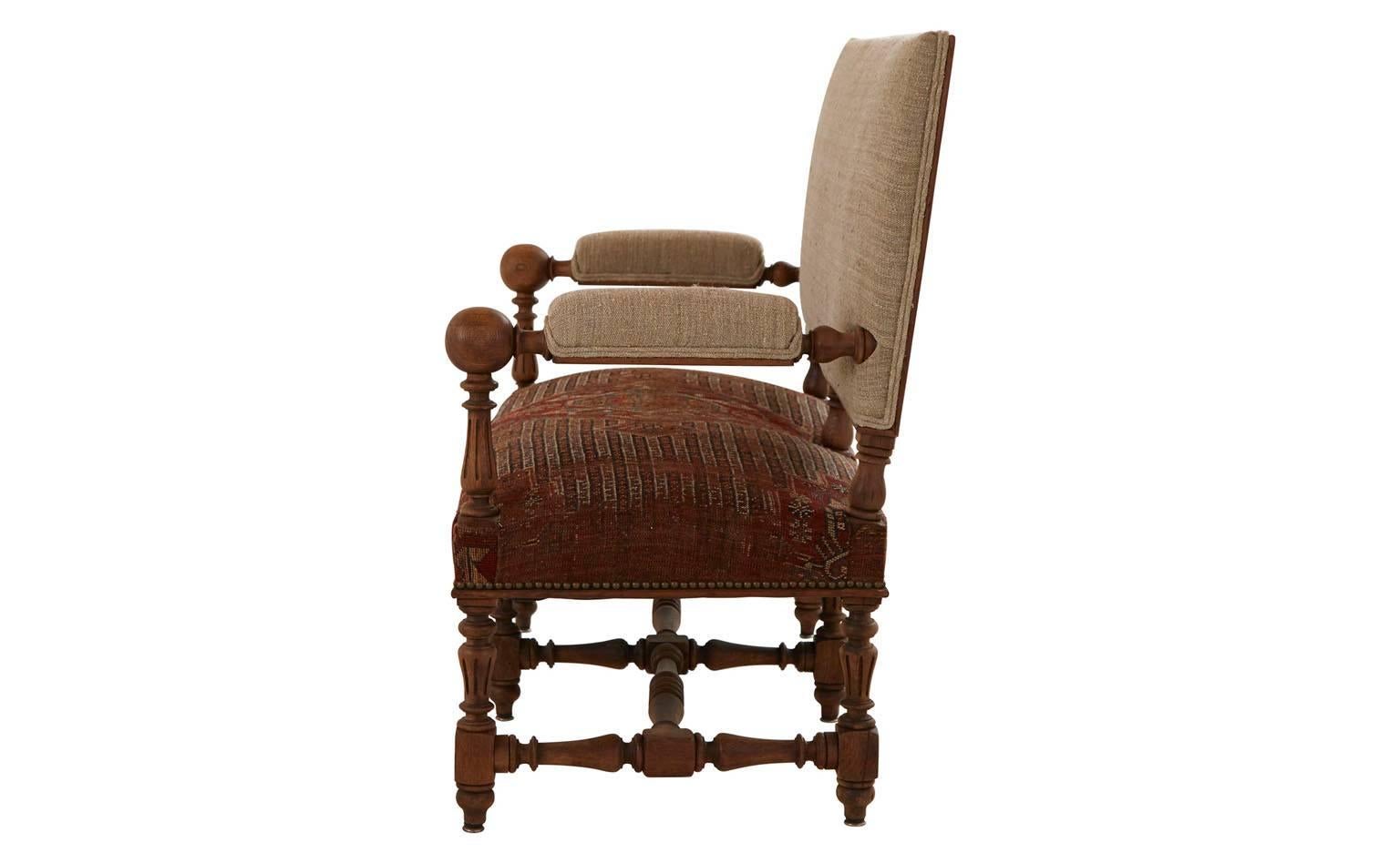 Reupholstered in vintage French tapestry and burlap
stripped wood frame
20th century
France

Dimensions
overall: 48