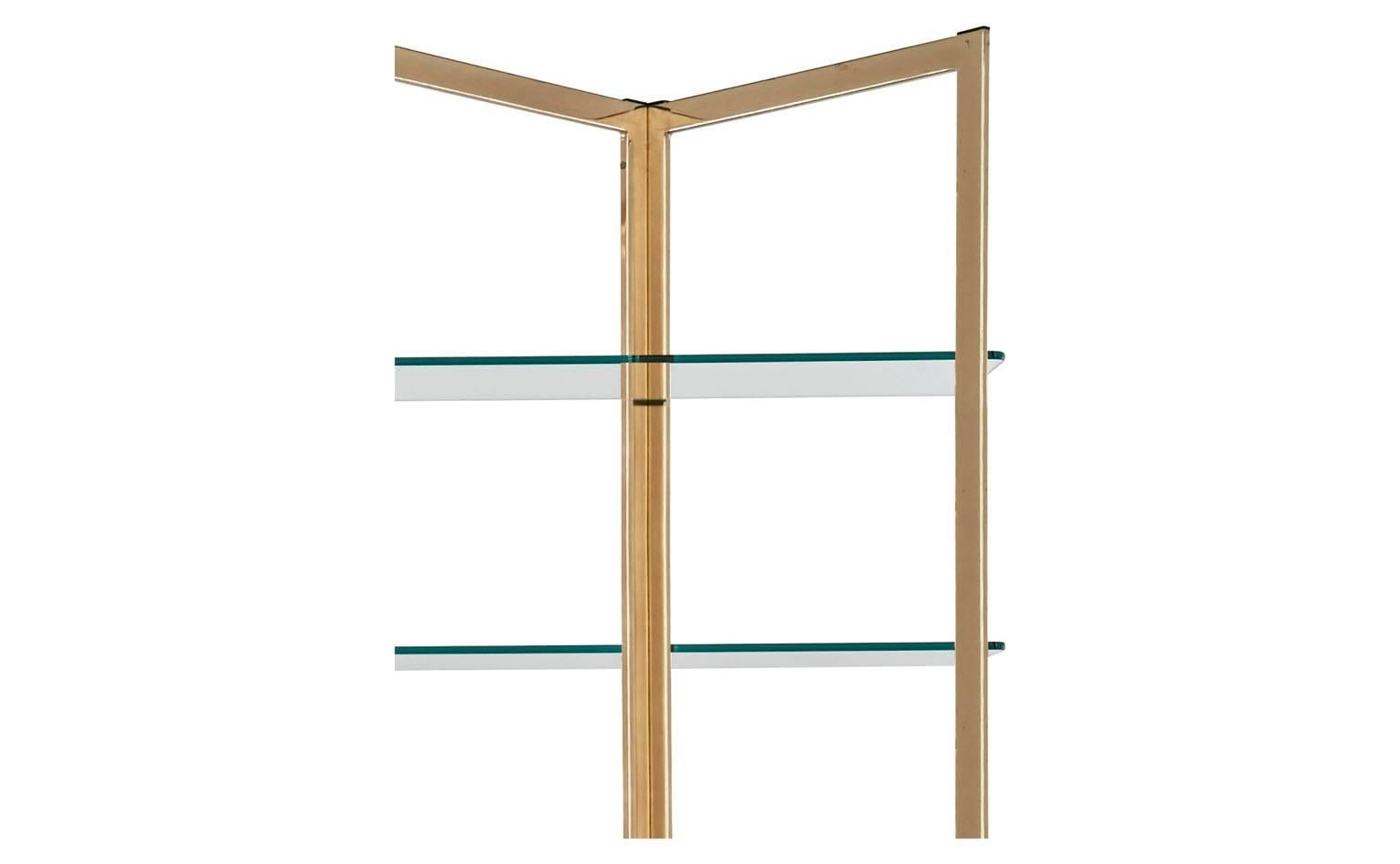 Brass accordion frame
Glass shelves
20th century
American
Measures:  14.5'D x 57'W x 80.25'H