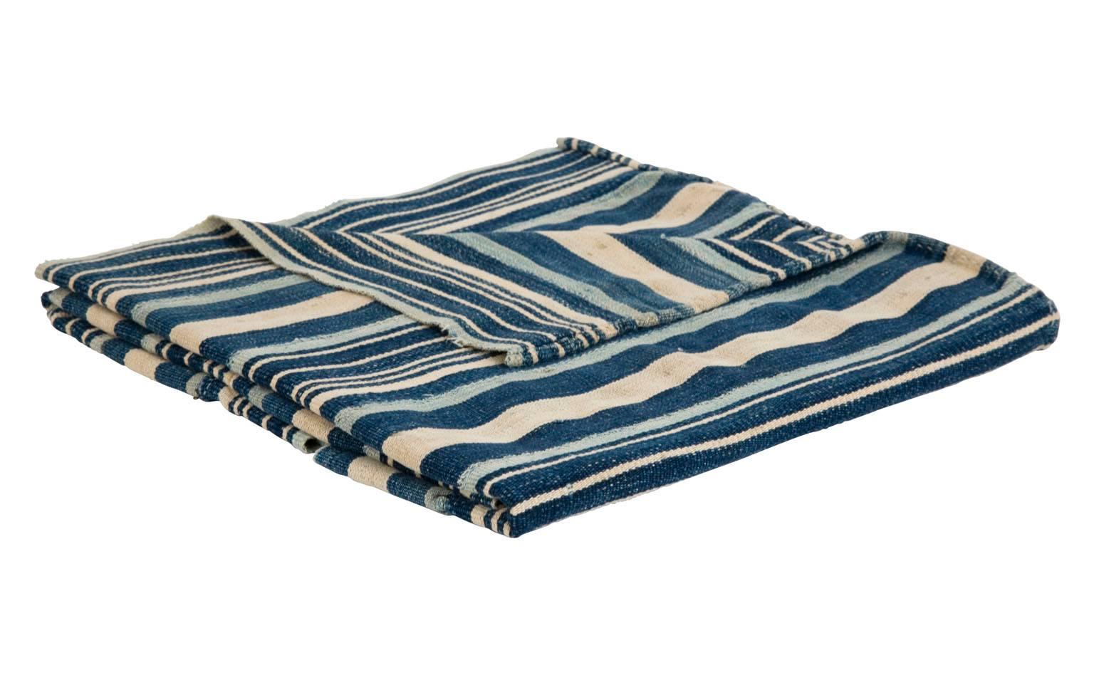 These vintage textiles originate from West Africa. The pieced fabric comes from what were then men's skirts yes, skirts from the 1940s. The textiles are hand dyed, hand woven, and hand-sewn together. 

Approximately 40 x 60
Vintage
Hand dyed indigo