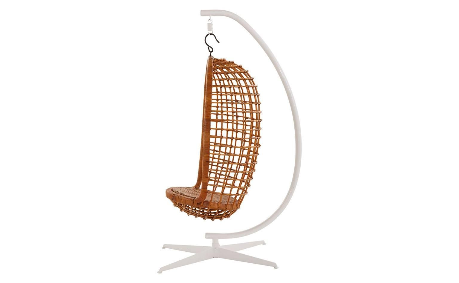 American Mid-Century Rattan Hanging Chair and Stand