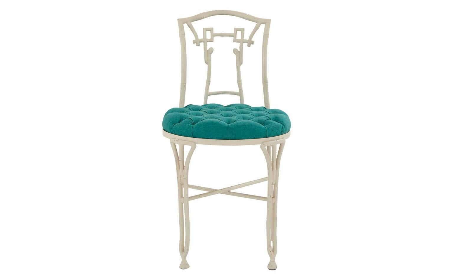 Reupholstered in jade green fabric
Metal faux bamboo frame
White painted finish as found
20th century
American
Set of two available (priced individually).

Dimensions:
Overall: 17'W x 20'D x 30.75'H 
Seat depth: 19'D
Seat height: 17.5'H