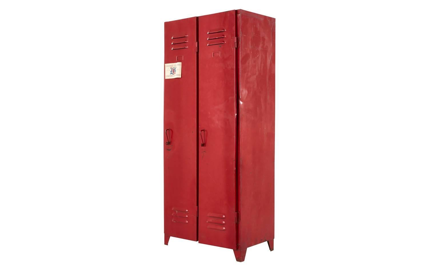 Vintage lockers. Red painted finish as found. Metal. Stickers as found.